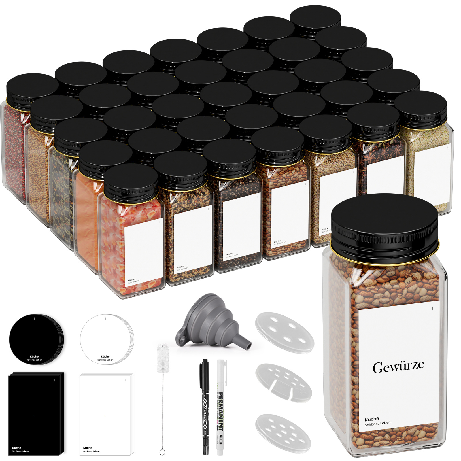 24/35 Square Spice Jars With Labels And Pouring Inserts, Glass Spice Shakers With Black Lids – Spice Jars – 120 Ml Spice Storage And Organizer – Spice Containers