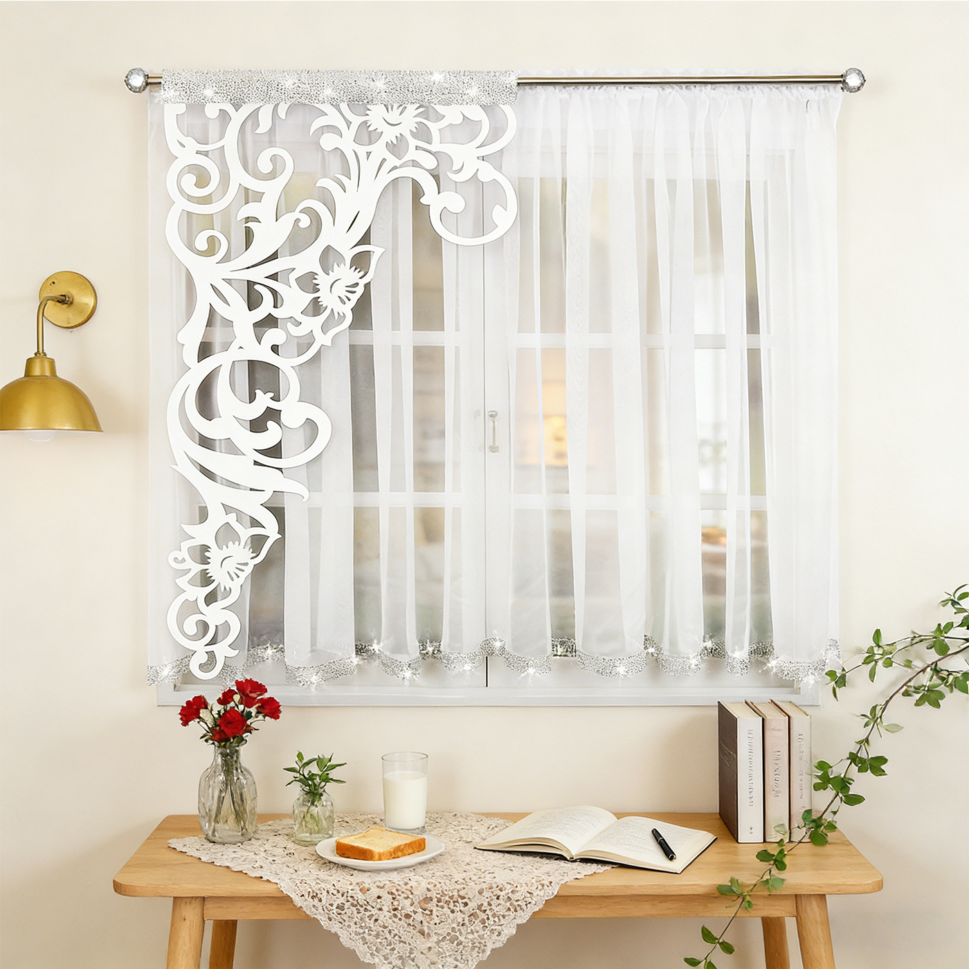Image of Vintage White Sheer Curtain, Left Floral Decorative Curtain For Living Room, Floor-to-ceiling Window