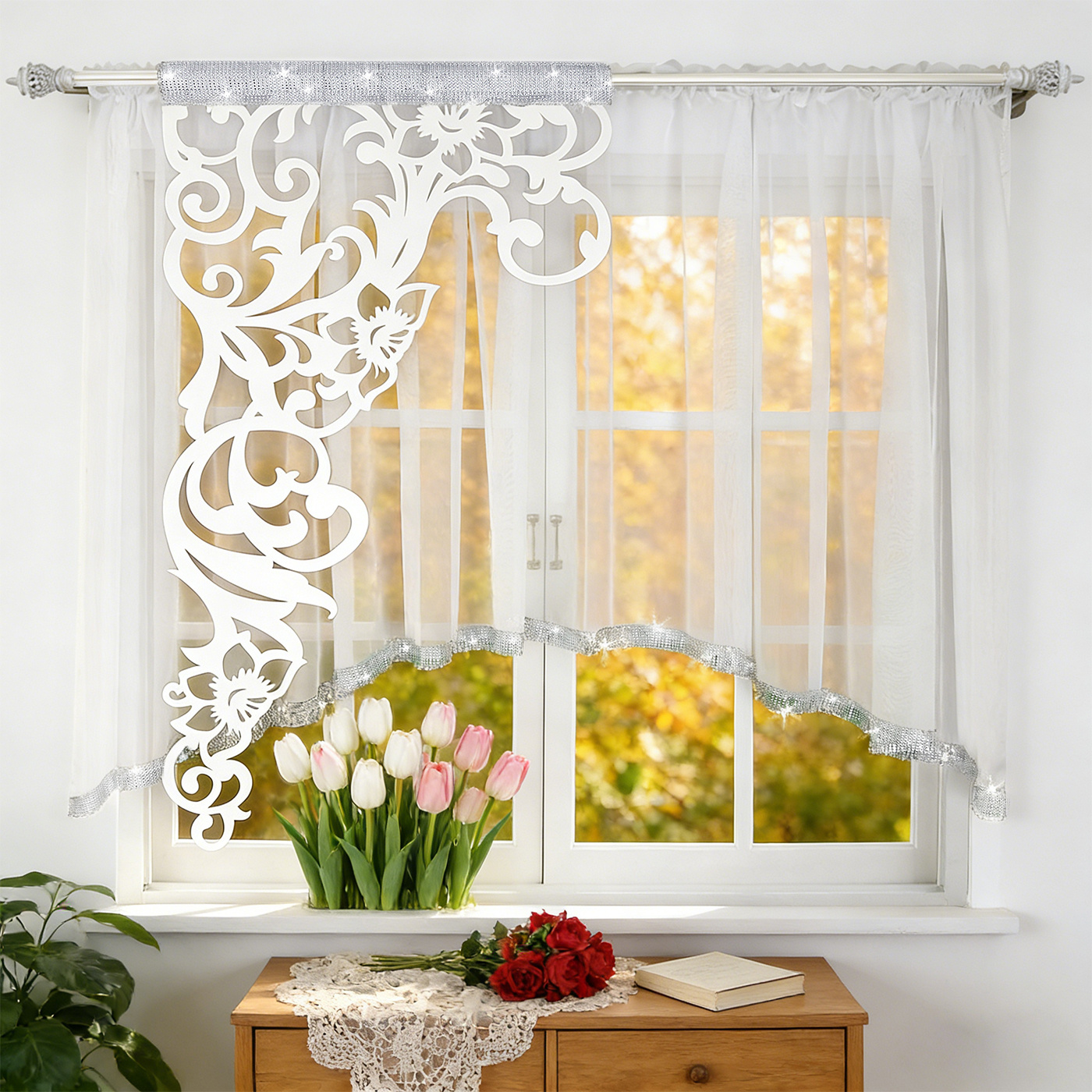 Asymmetrical Sheer Curtain, 3d Floral Light Filtering Curtain For Bedroom, Study