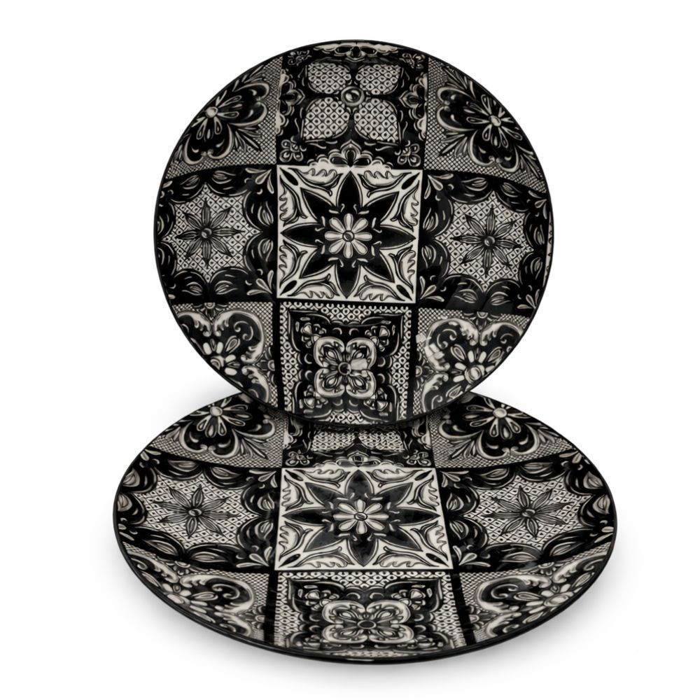 TEMU Cecaro Group Set Of 12 Maiolica Black Ceramic Plates, 6 Flat Plates Ø 23 Cm + 6 Deep Plates – Modern Decorated White And Black – Dishwasher And