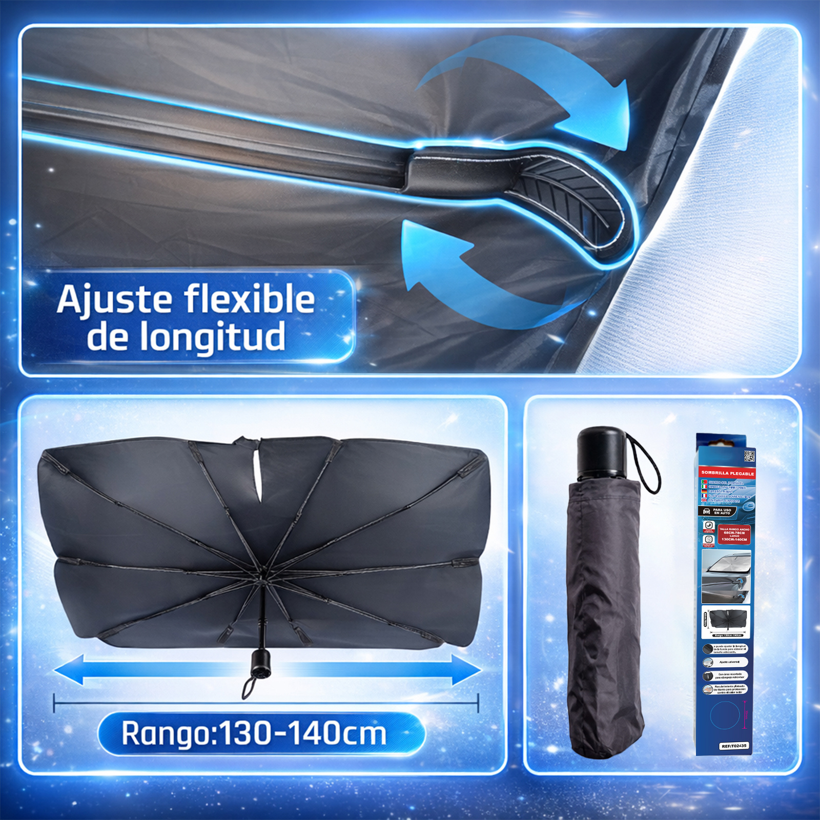 TEMU Parasol Coche Parabrisas Ajustable 130-140cm | Diseño Patentado, UPF50+ 99% UV, sin Huecos, Cae, Bolsa