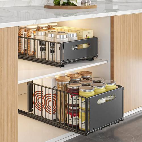 2pcs pull out cabinet organizer wrought out drawer storage shelves for kitchen cupboard roll out sliding drawer black heavy duty sliding mesh cabinet basket