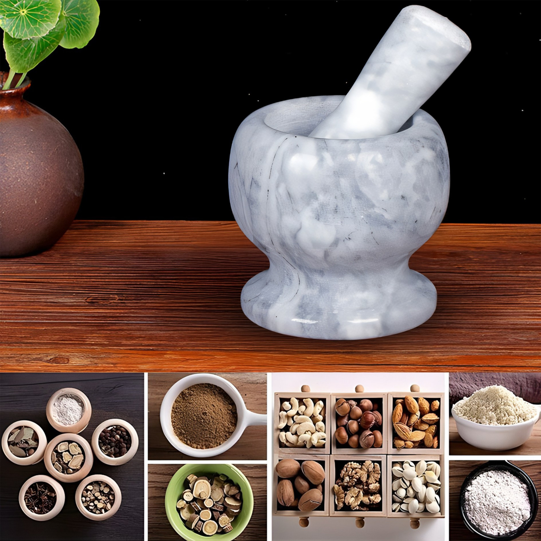 Image of Marble Kitchen Pestle With A Grinder For Spices, Heavy And Massive For Grinding, , And Pulverizing, Bowl And Pestle, Ideal Set For Grinding Spices And Herbs