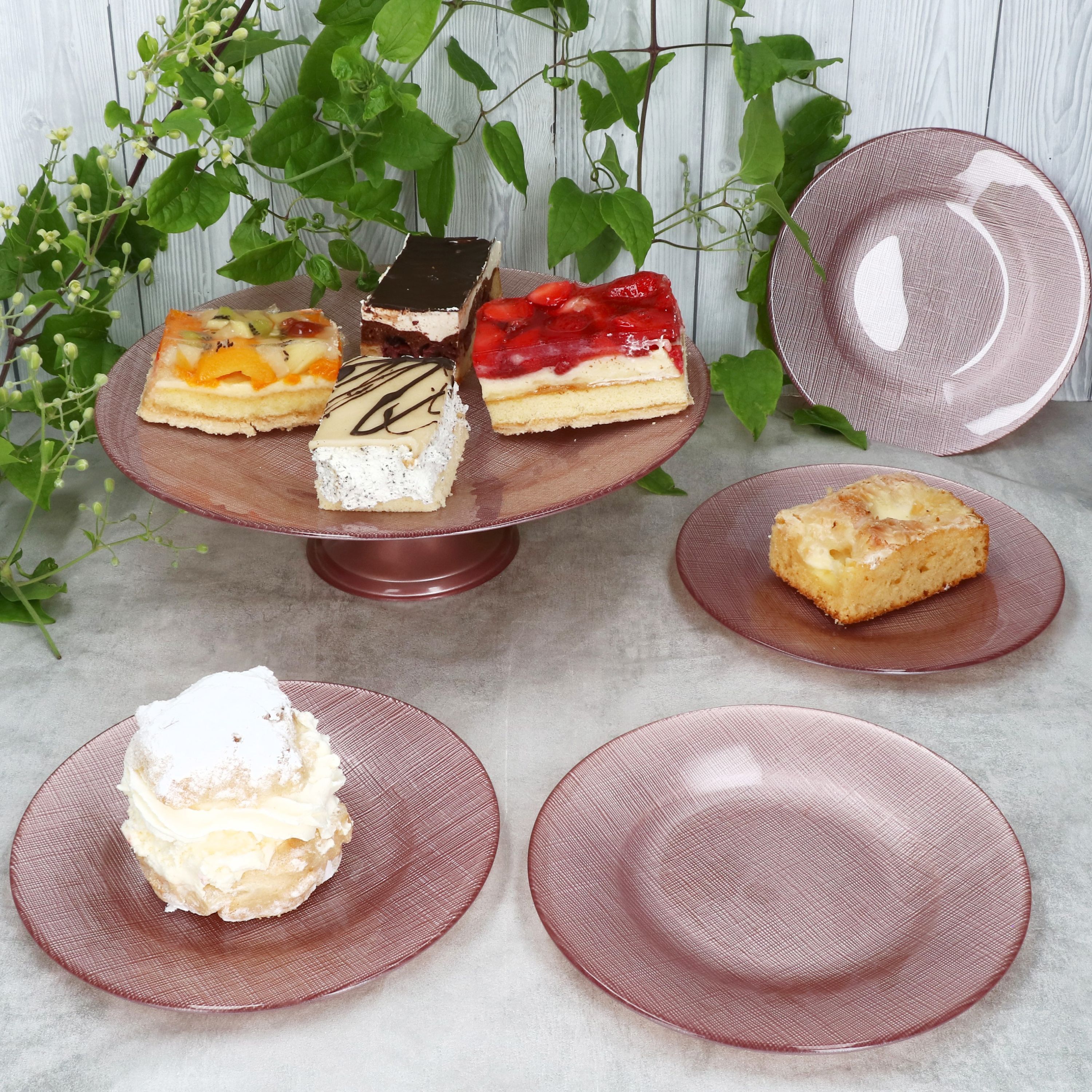 Image of 5pcs Cake Plate Set Pink Made Of Glass 1x Cake Plate + 4x Dessert Plates – 1x 84809 & 4x 84755