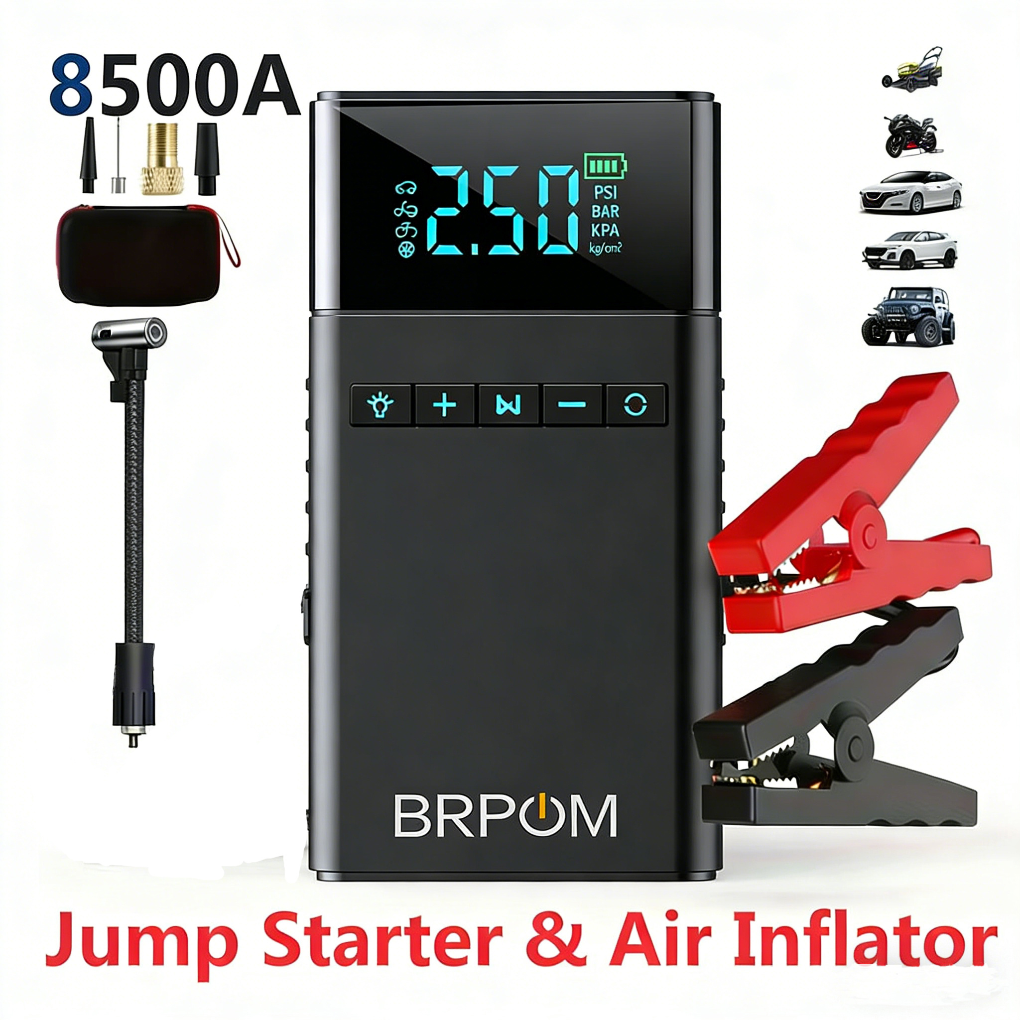 E-shop 8500A Autostarthilfe mit 150PSI Luftkompressor | 12V Lithium-Akku-Booster, USB-wiederaufladbar, 300LM Taschenlampe, digitaler Reifenfüller für