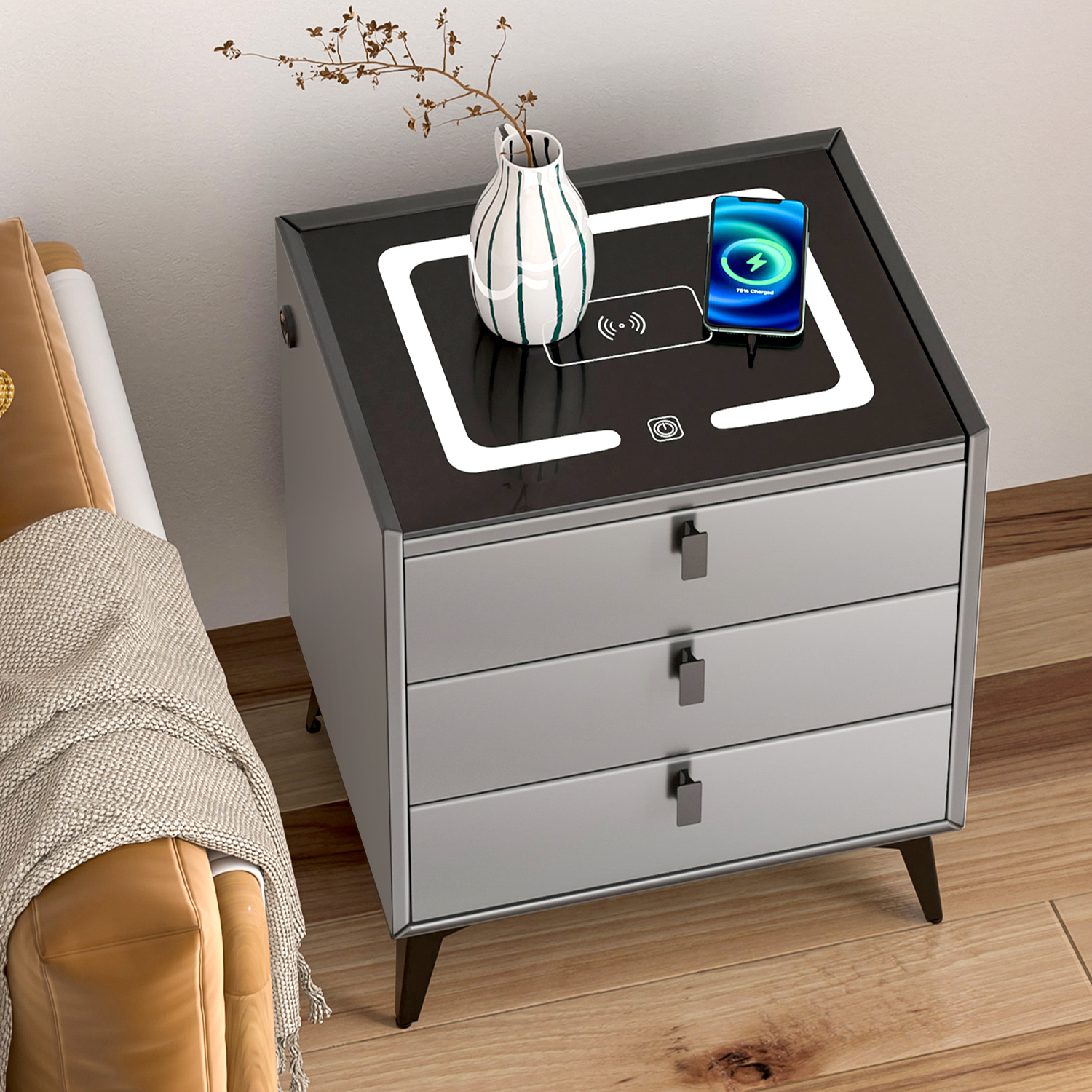 Nightstand With Wireless Charging, Nightstand With Led Light, 3-color Lighting, Side Table With 2/3 Drawers, Modern Bedside Table For Bedroom, White/dark Grey