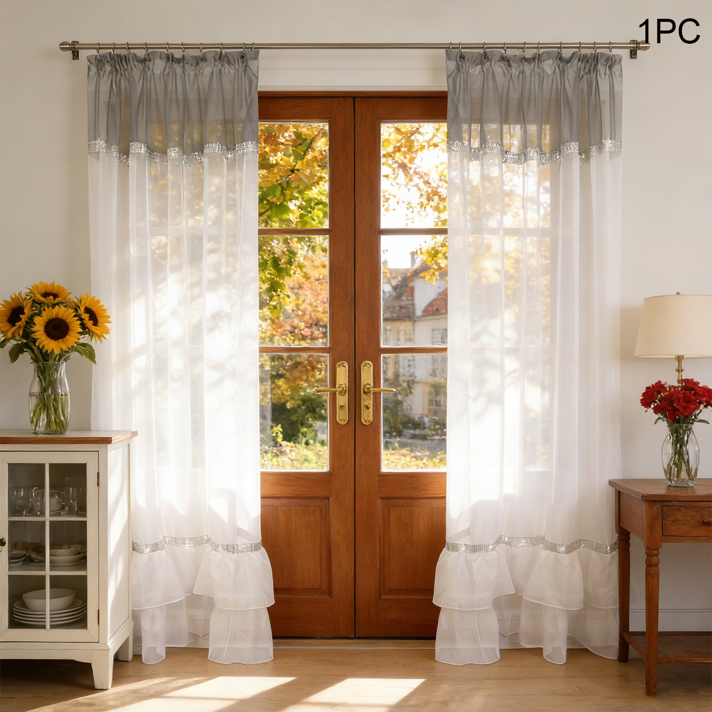 Luxury Gradient Grey Sheer Curtain, Sparkling Rhinestone Trim, Ruffle Hem Curtain For Bedroom, Bay Window