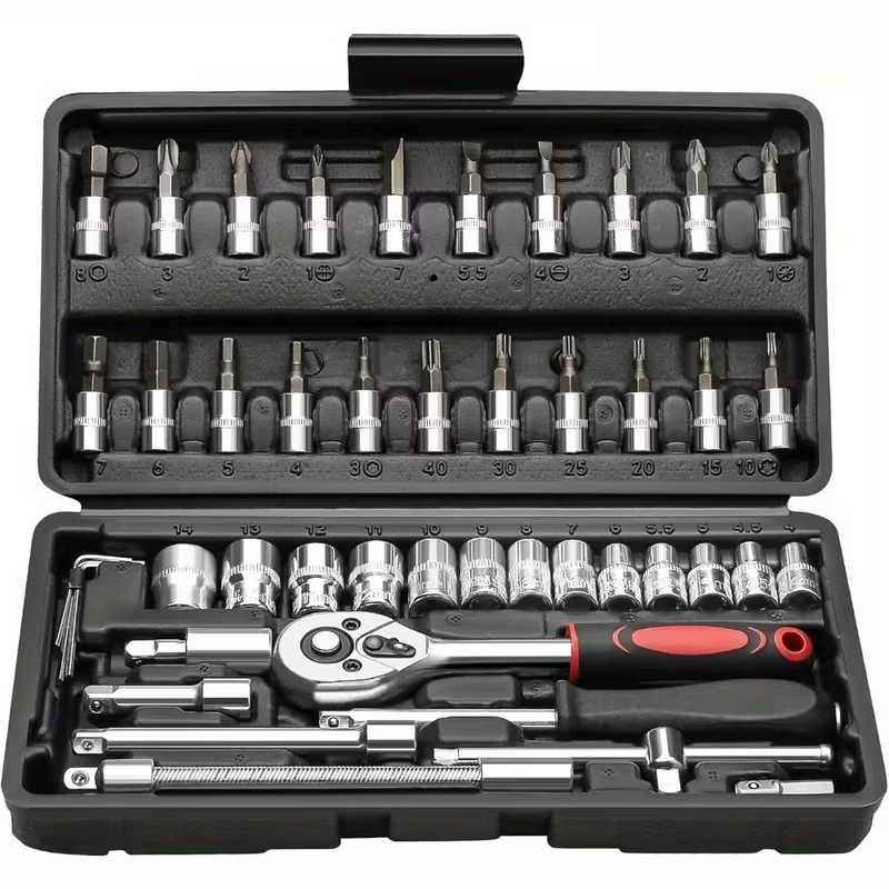 45pcs heavy duty stainless steel tool set with ratchet wrench socket wrench bits sockets precision tool kit suitable for auto repair bike maintenance   repair tool with   box