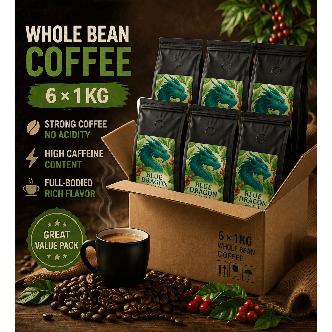 100% Robusta Coffee 6×1 Kg, Strong Coffee Without Acidity, High Caffeine Content, Full And Distinctive Flavor, Convenient Packaging