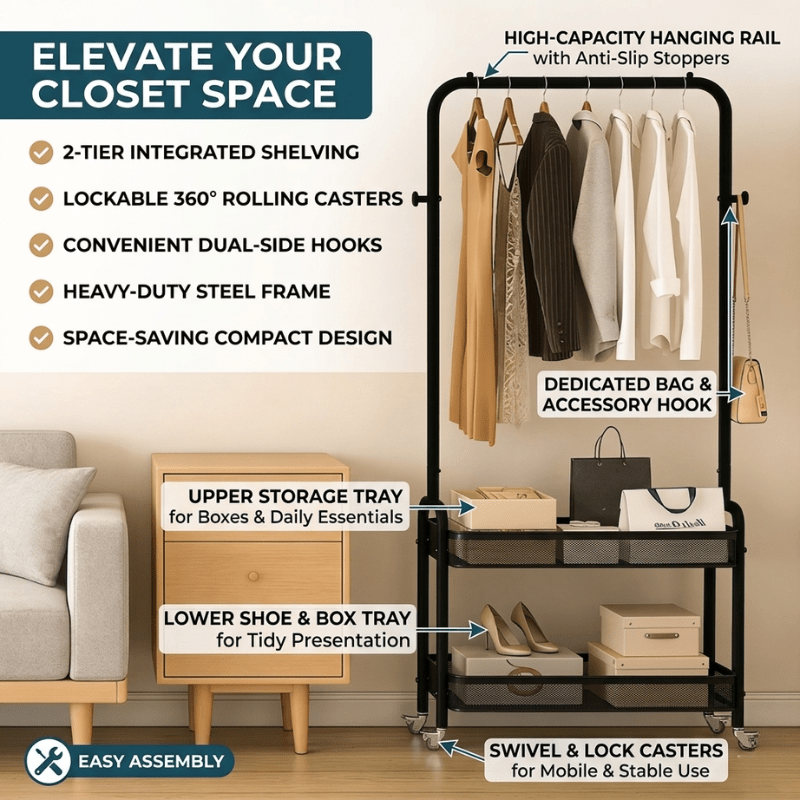 Portable Hotel Carbon Luggage Rack For Coats And Clothes, 2 Shelves, , 4 Wheels, 160 X 30 Cm