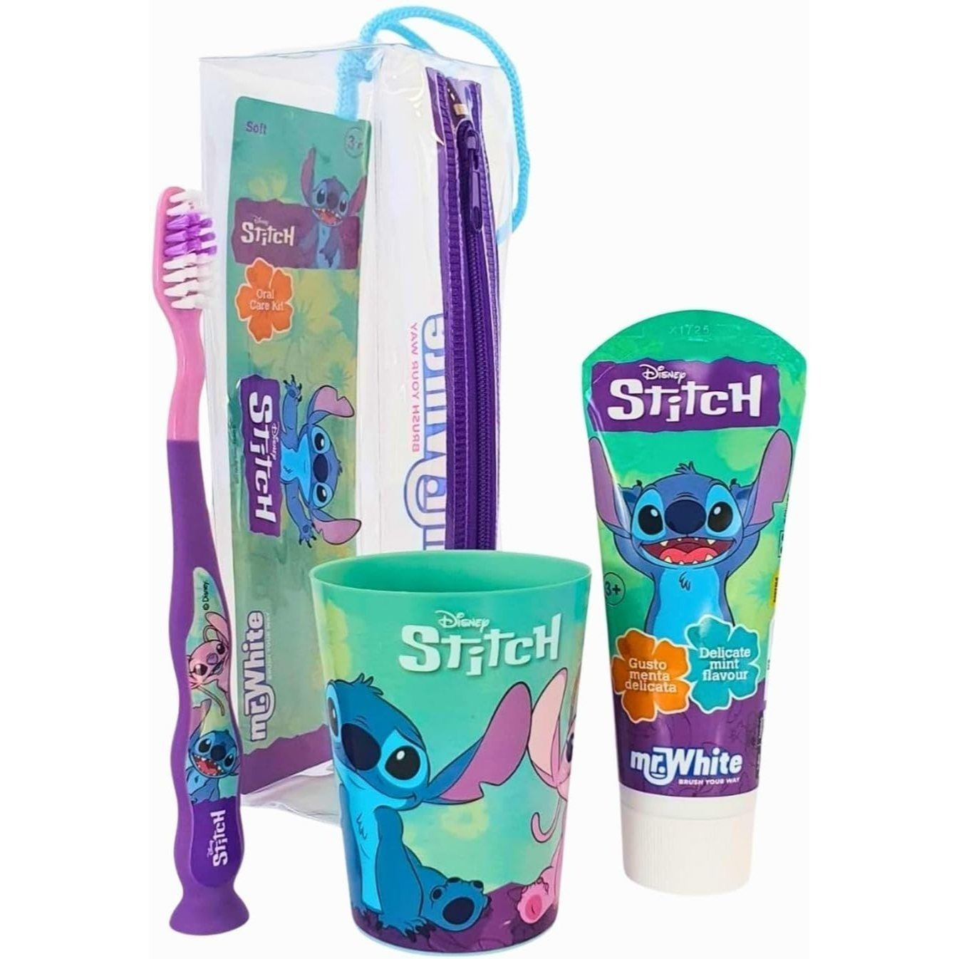 E-shop 3-teiliges Beutel-Set mit Becher, Zahnbürste und 75 ml Zahnpasta – Geschenkidee – Mundhygiene für Kinder