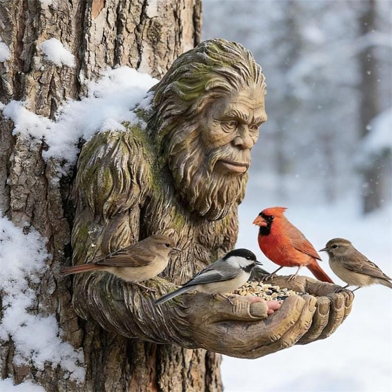 E-shop Sammlerfiguren mit einem Bigfoot-Vogelhaus aus Harz, eine Gartendekoration für den Außenbereich, handgefertigt mit einer verwitterten