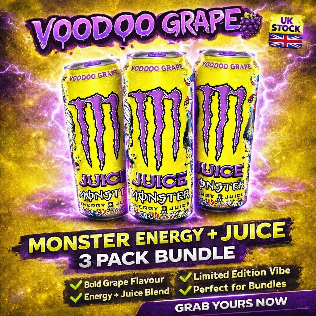 Monster Energy Juice Voodoo Grape Drink 473ml Can | 3 Pack Bundle | Grape Flavour Energy Drink | USA Import Beverage