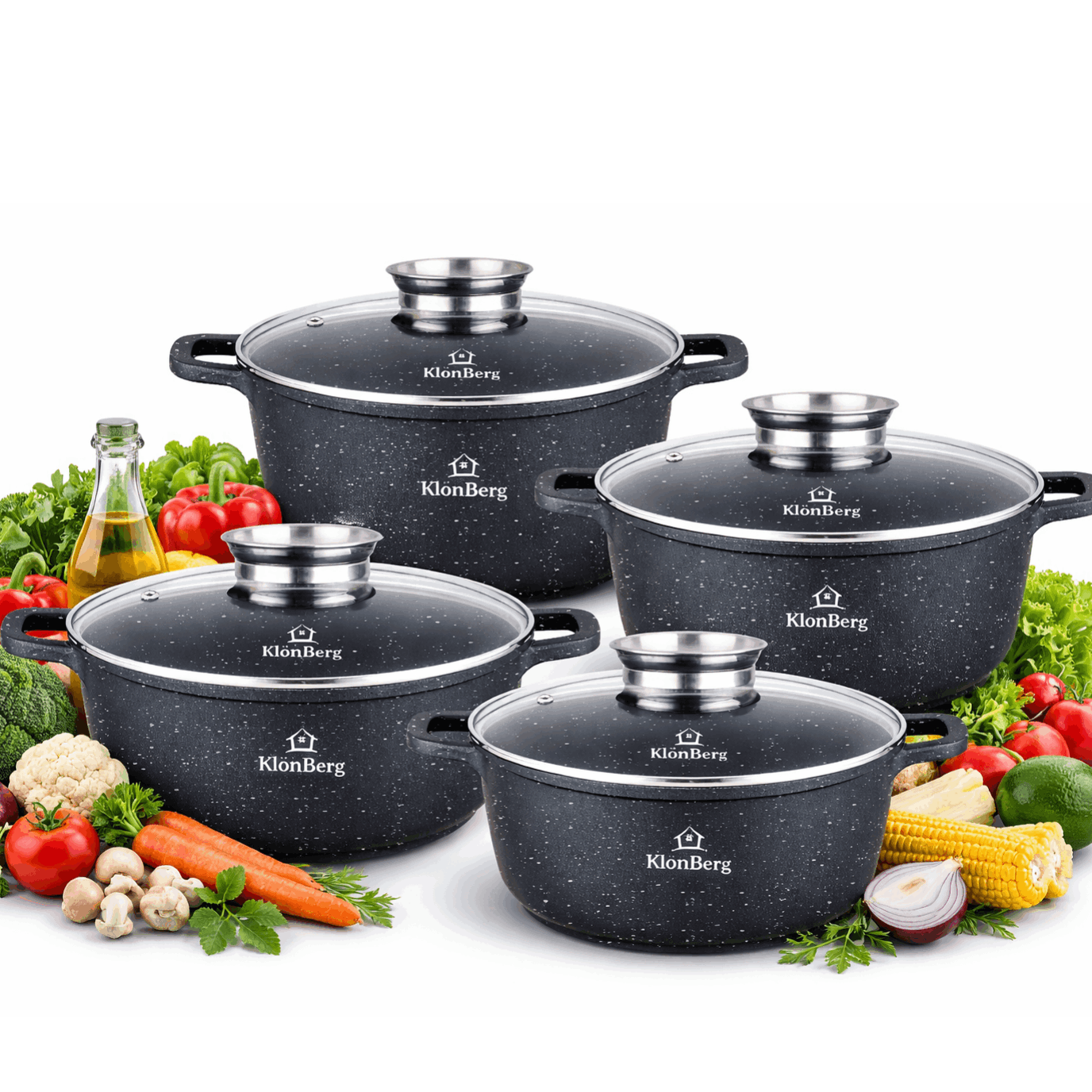8-piece Pot Set | Coating | Suitable For All Stove Types | Includes Lids | Quick Heating | Compatible With Induction Cooktops | Black Cooking Pots