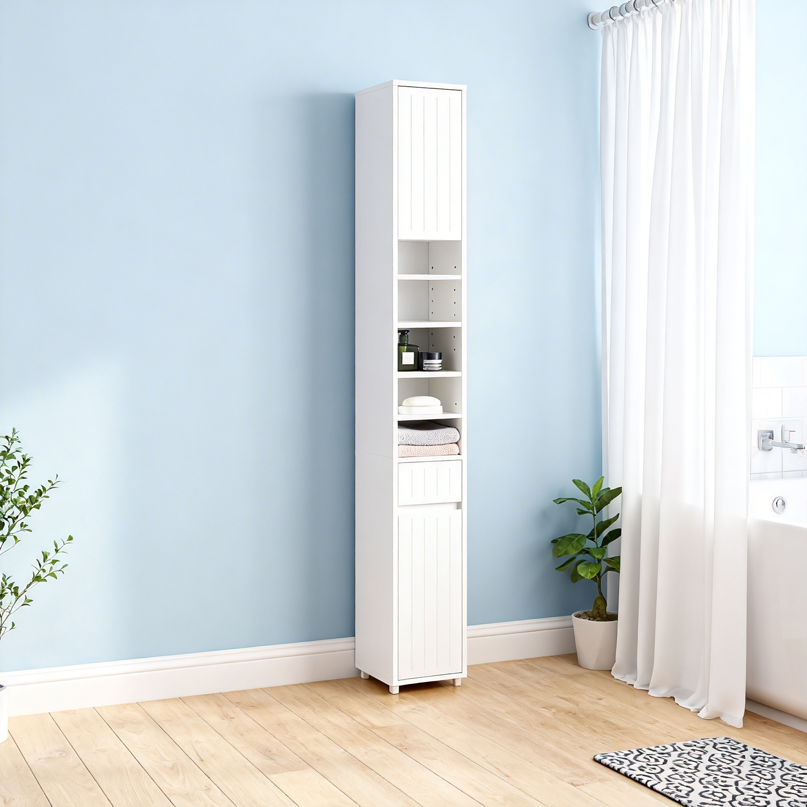 Image of Tall Narrow Bathroom Cabinet With 1 Drawer, 2 Doors, 6 Height-adjustable Shelves, Open Compartments For Bathroom, Living Room, Bedroom, White, 20x180x20cm Haotian - Cas261-x