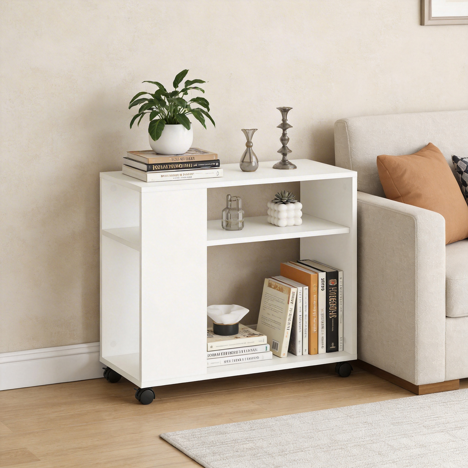 Image of Side Table With Wheels, 2 Shelves For Books, Magazines, And Small Items, For Living Room, Bedroom, , White, 70x35x60 Cm, Haotian - Gcu45-x