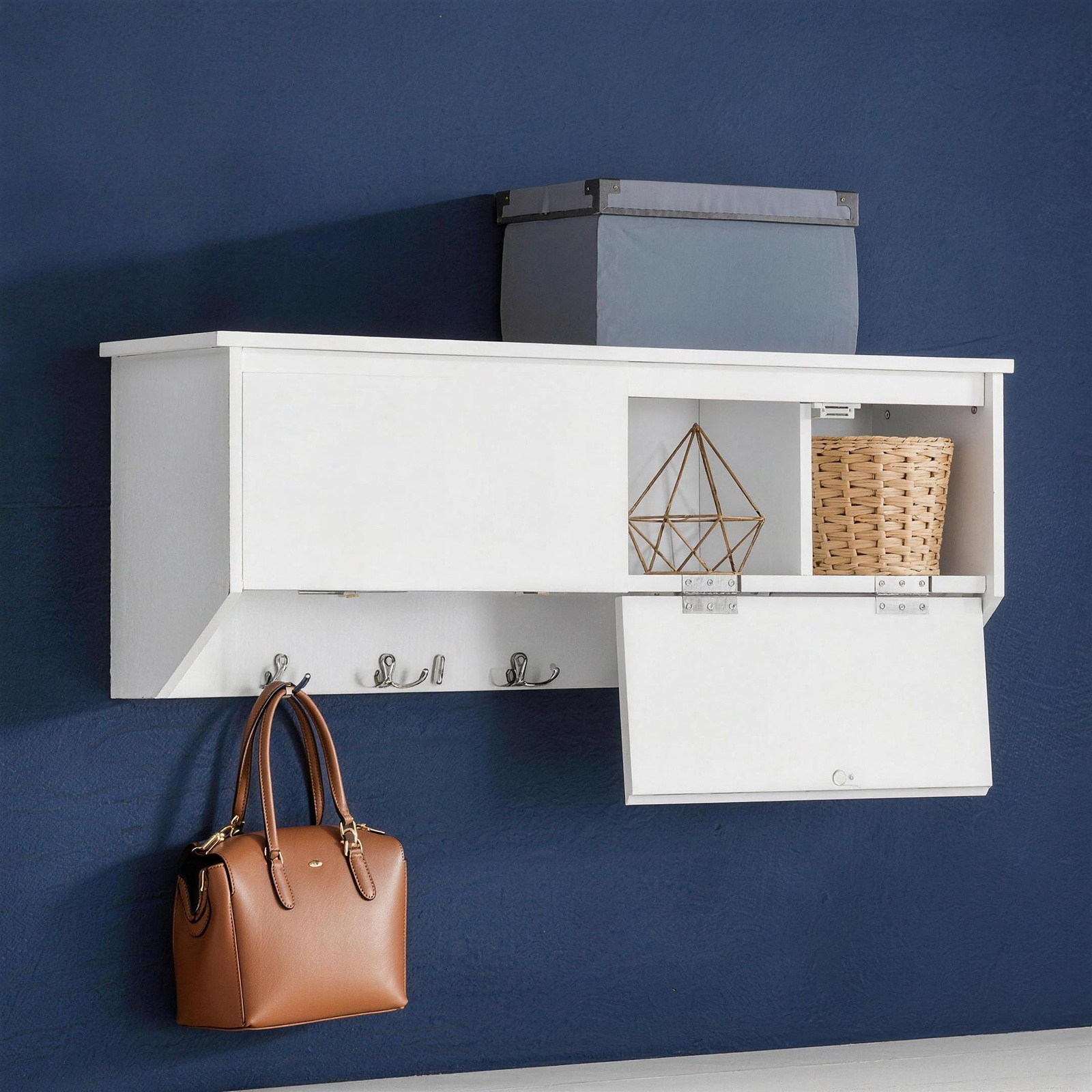 1 Piece Wall-mounted Coat Rack With 2 Flaps, 5 Hooks, 4 Compartments For Jackets, Coats, Keys, And Accessories, , White, 78x20x30 Cm, Haotian - Gil35-x