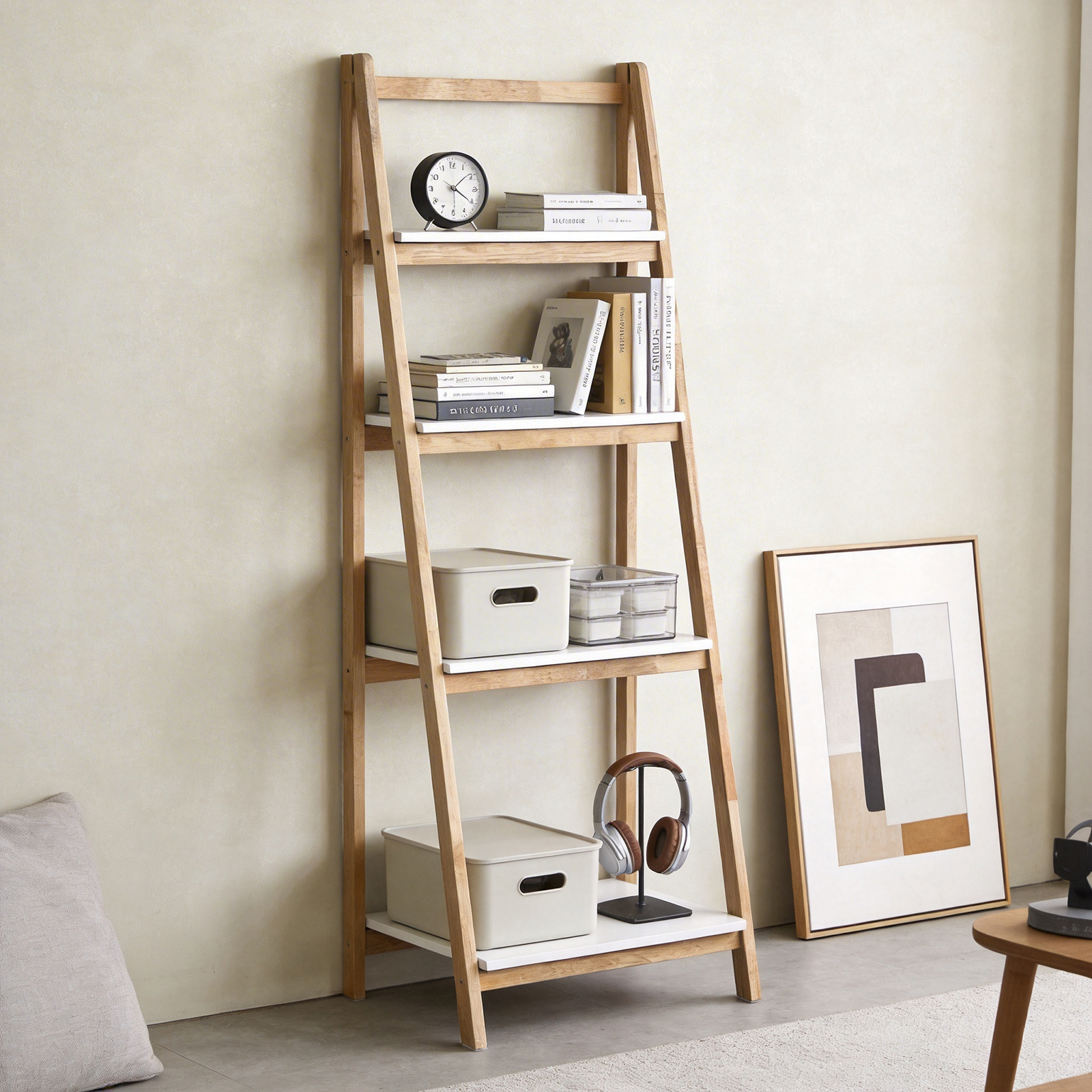 1pc Of Bookshelf Ladder Shelf 4 Tiers Foldable Storage Shelf Storage Shelf For Living Room Bathroom Office Bedroom Studio 42x34x140cm Haotian - Gsh273-o