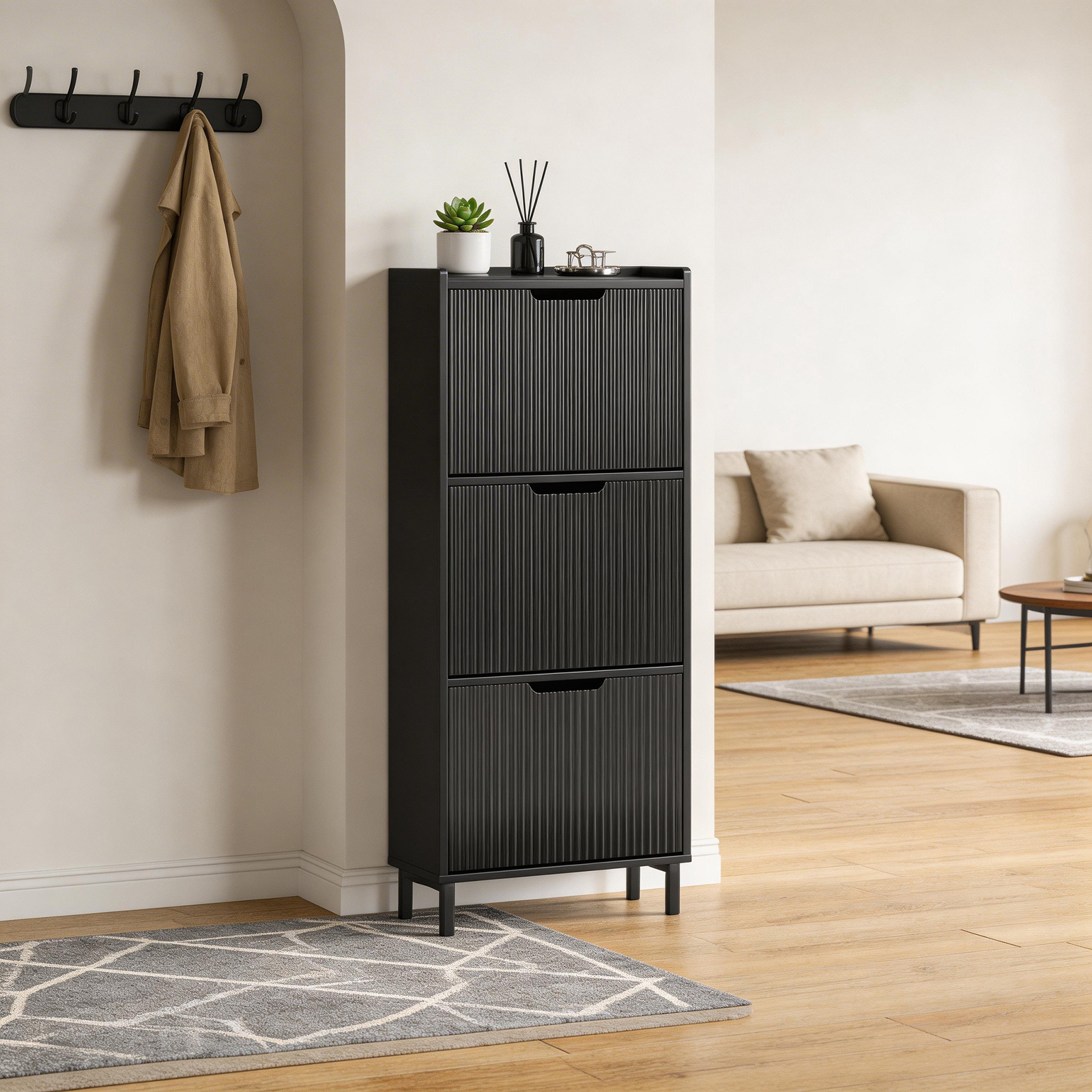 Image of Narrow Shoe Cabinet With 3 Flip Compartments, Hallway Shoe Rack For Entryway Or Under Stair Cabinet, Top Compartment For Keys And Decor, Space- Design, Black Mdf, W50 X D19 X Cm, Haotian - Gts288-i-
