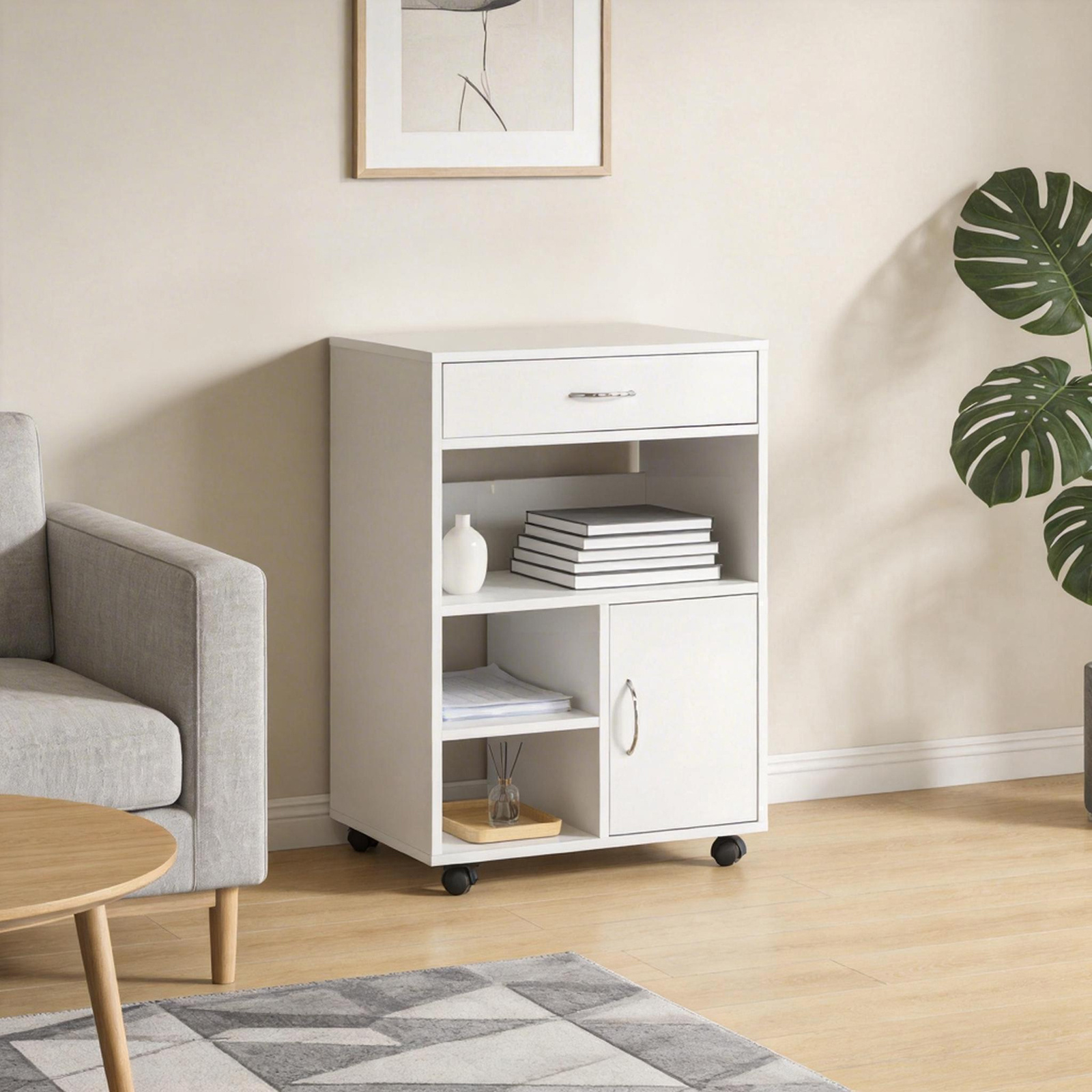 Image of Printer Cabinet Under Desk Cabinet Office Cabinet Mobile Storage Furniture With Printer Shelf And 1 Drawer, 1 Door For Storage Space For Office, Living Room White 50x40x75 Cm Haotian - Gcu217-x