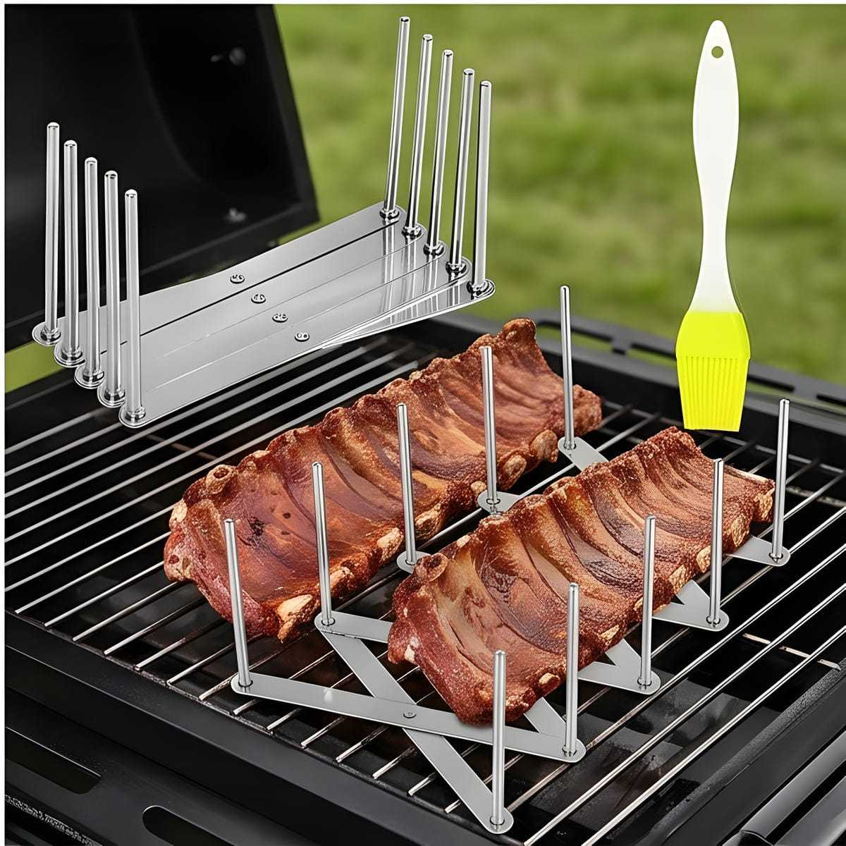 Grill Accessory Set - Green Silicone Brush And 2 Rib Holders For Accessory Set