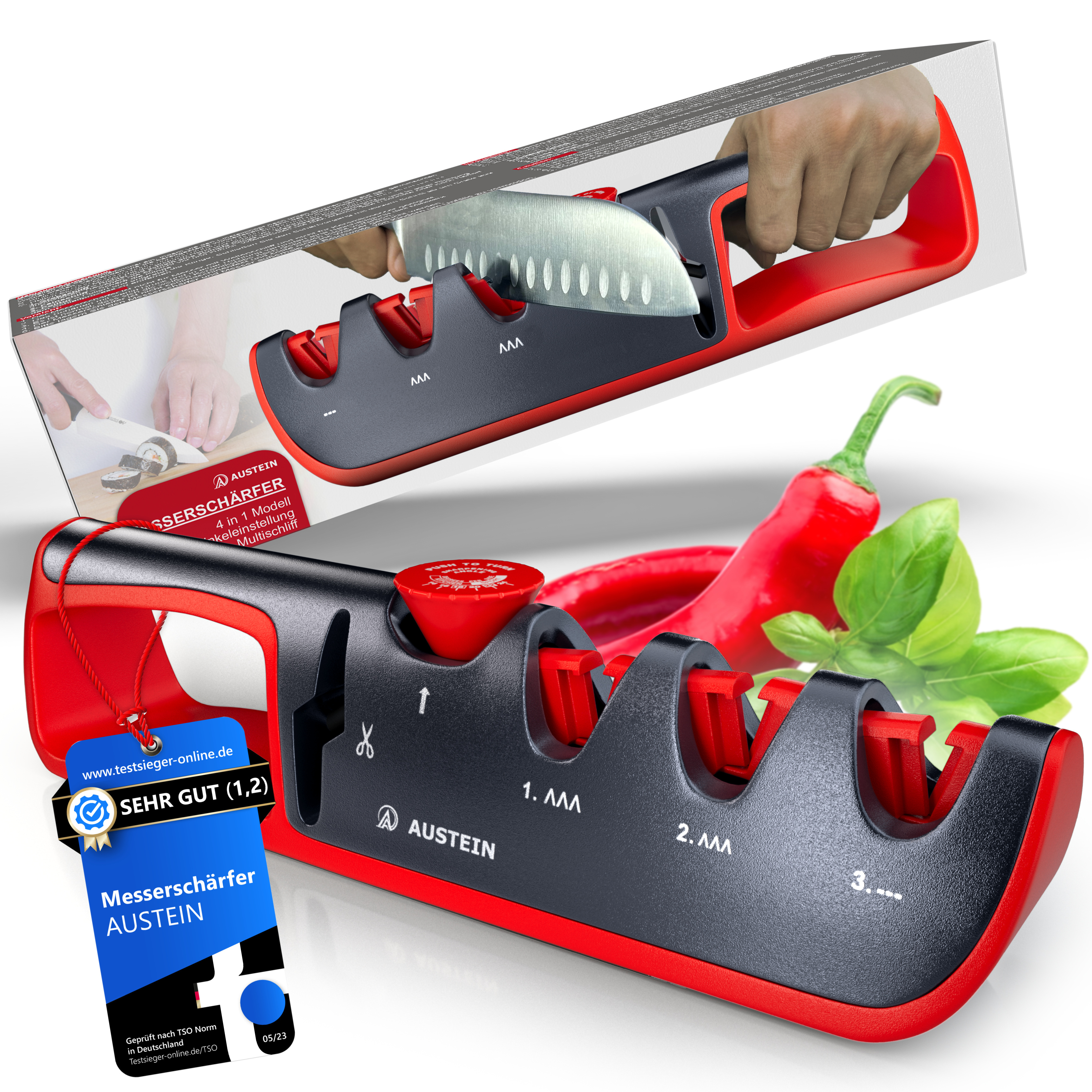 E-shop Messerschärfer der 4-in-1 – Messerschleifer mit einstellbarem Winkel für Messer & Scheren, zuhause einfach Messer schärfen und schleifen,