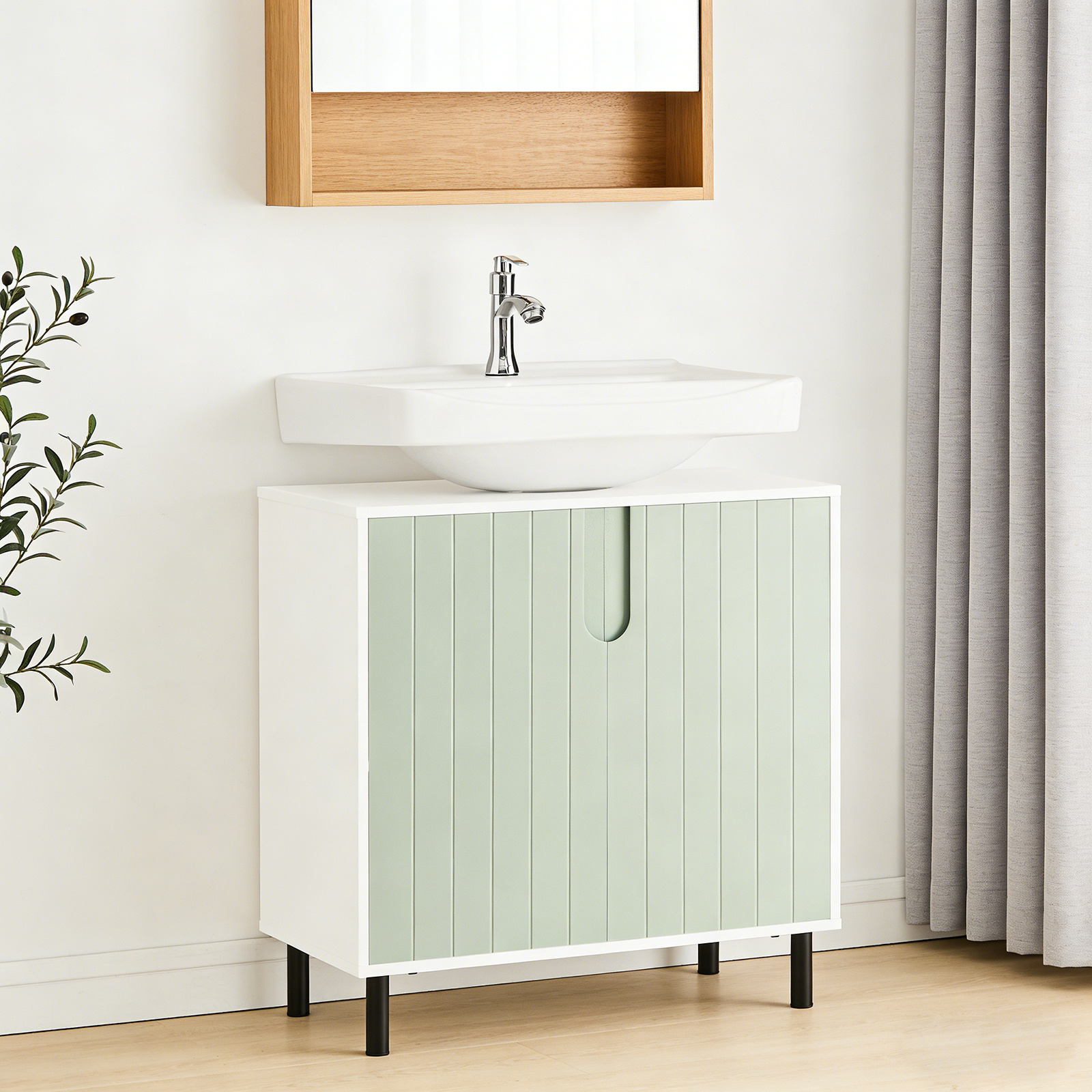 Image of Bathroom Cabinet With Adjustable Shelf Slim Bathroom Storage Under Sink With U-shaped Cutout For Small Bathrooms Green-white 60x30x60cm Haotian - Cas240-hs