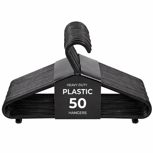 50pcs heavy duty adult black plastic coat hangers non slip strong clothes hanger with trouser bar space saving closet organiser