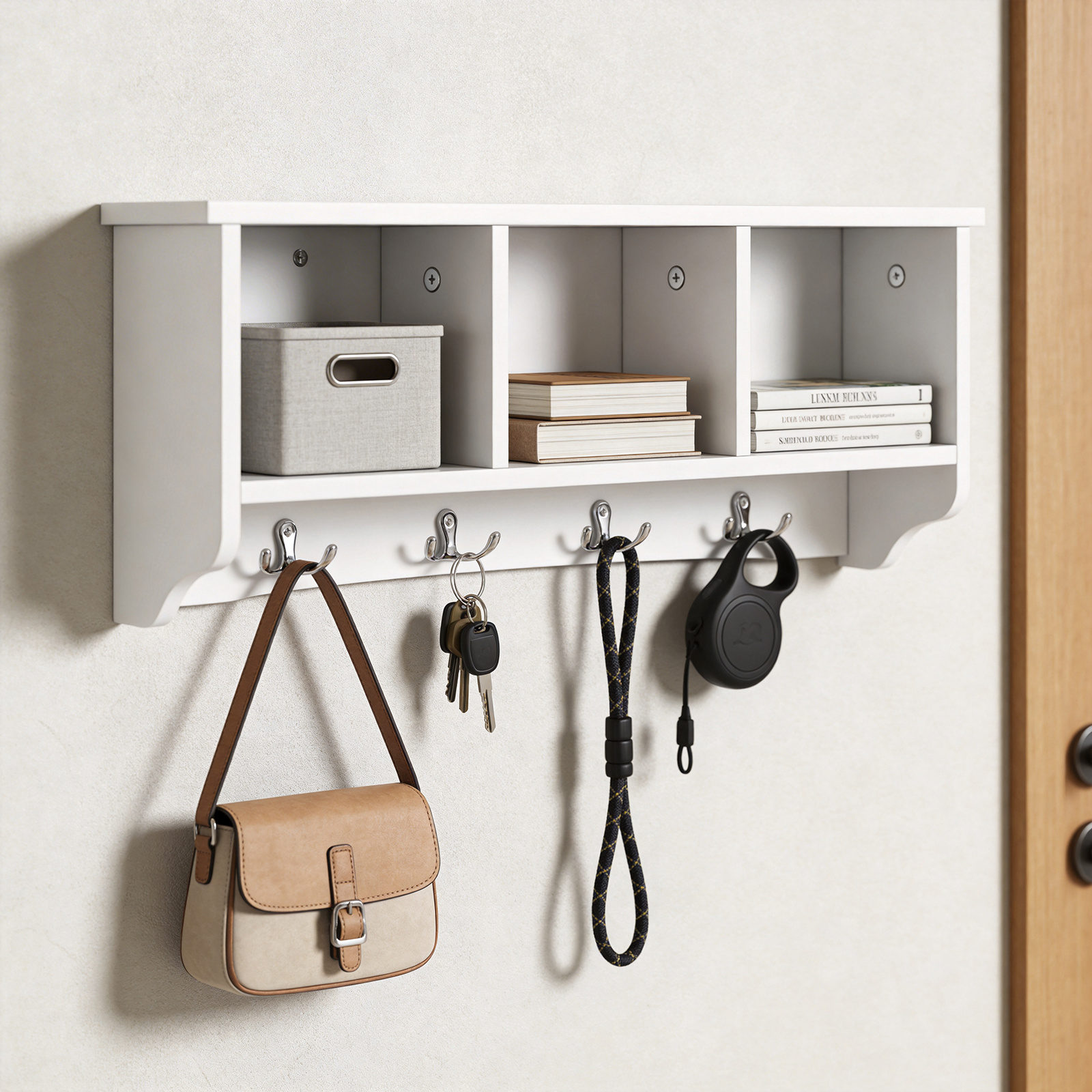 TEMU 1 Wall-mounted Shelf With 3 Compartments And 4 Hooks, Multifunctional Storage For Entryway Kitchen Bathroom,multifunctional Storage Furniture,