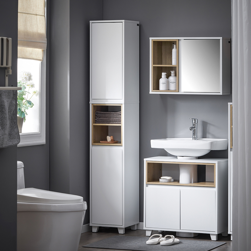 Image of Tall Narrow Bathroom Cabinet With 2 Doors And 3 Height-adjustable Shelves, Open Compartments For Bathroom, Living Room, Bedroom, White, 30x170x30cm Haotian - Cas248-x