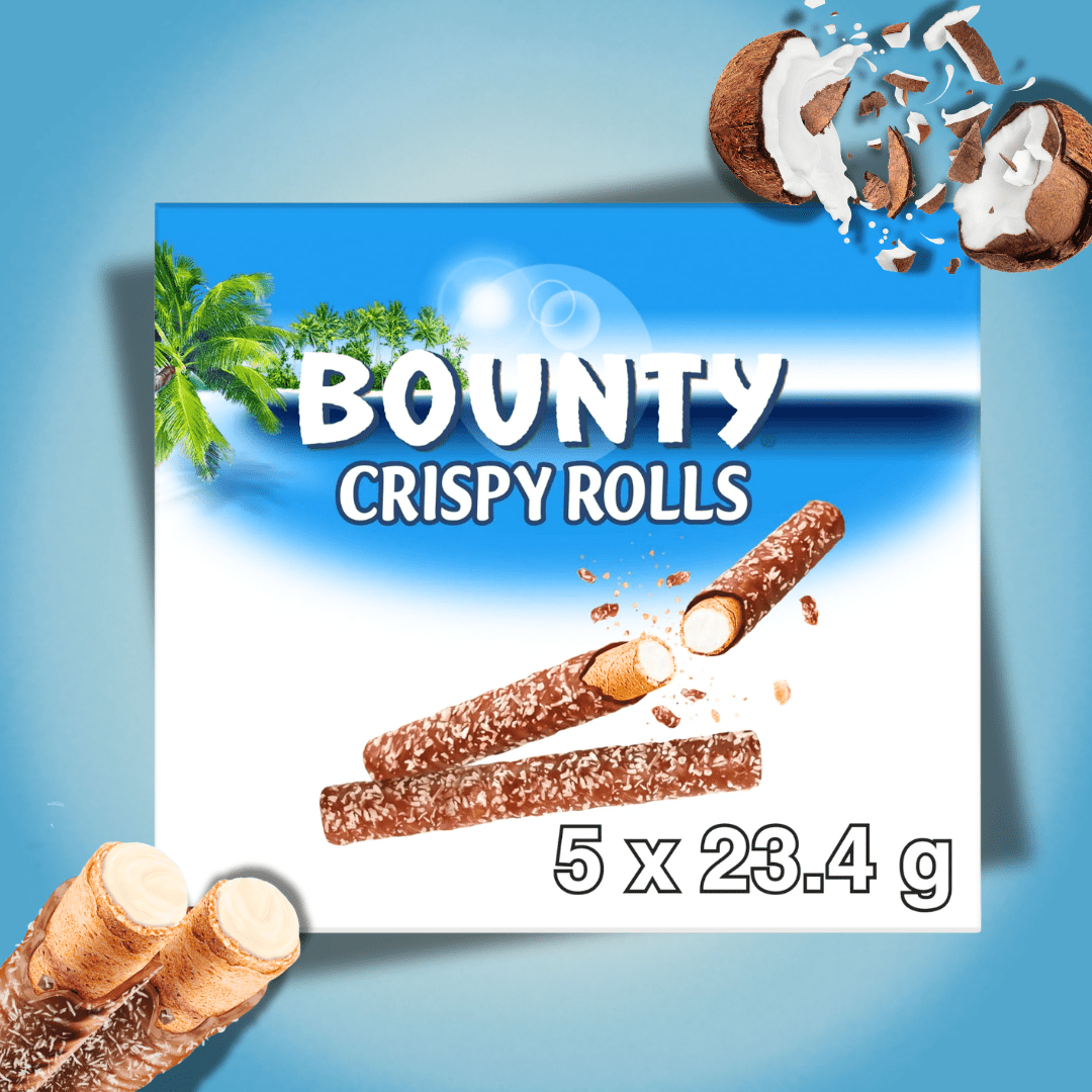 Image of Bounty Crispy Rolls Milk Chocolate Coconut Biscuit Snack Bar Multipack 5 X 23.4g