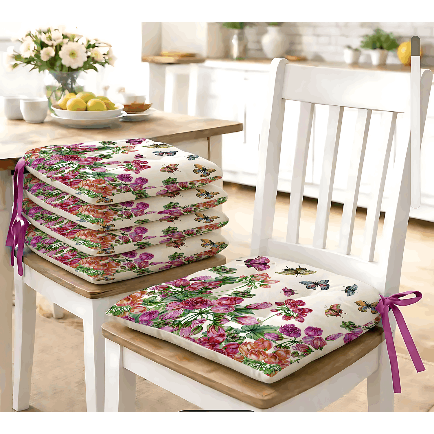 TEMU Set Of 6 Chair Cushions With Ties – Butterflies Fuchsia, And Comfortable Padding, Ideal For Kitchen And Garden