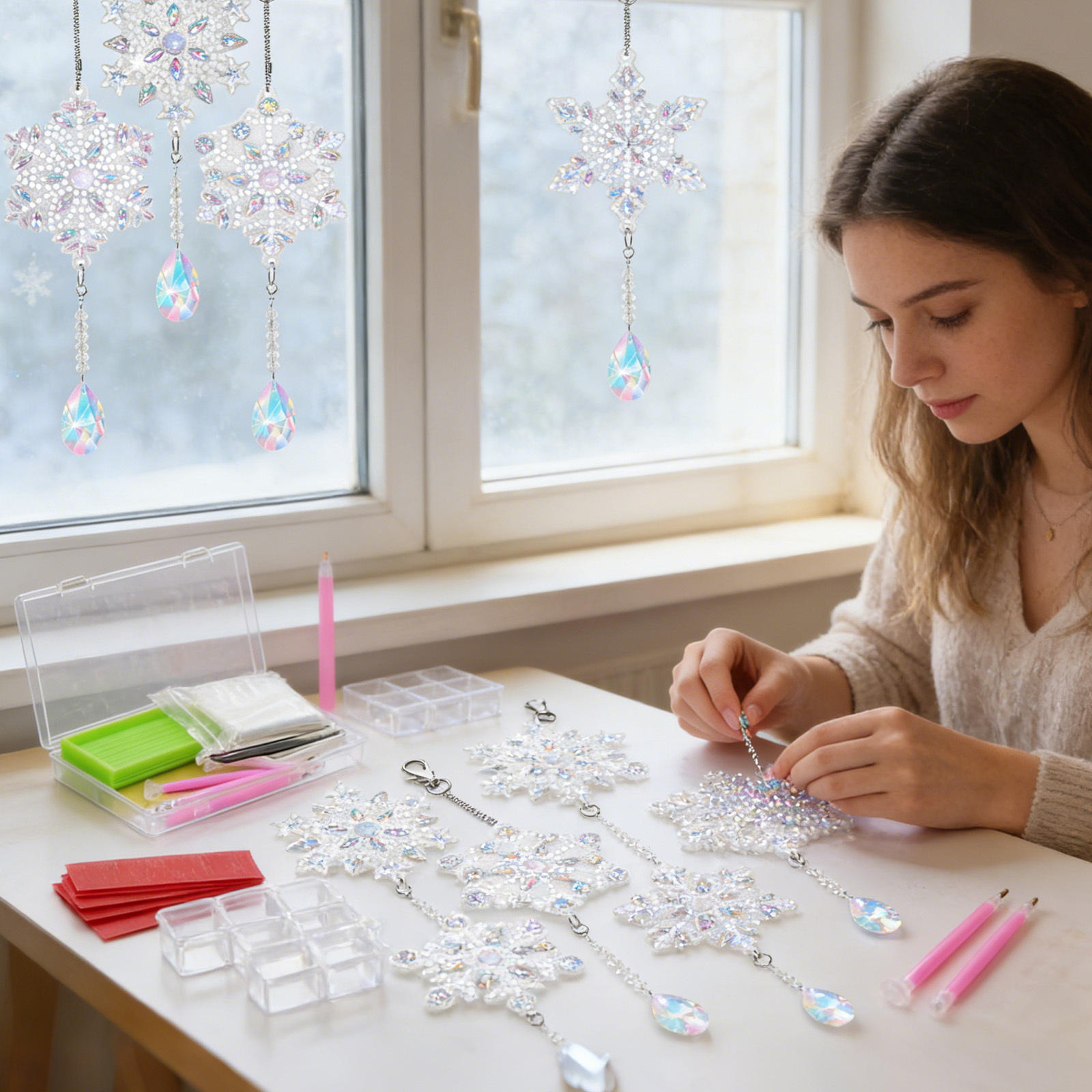 Diamond-mal-, Diamond Painting Christmas Set With Snowflakes, Storage Box, Applicator Pens, Keychain, For Creative Crafting Projects-crafting Supplies