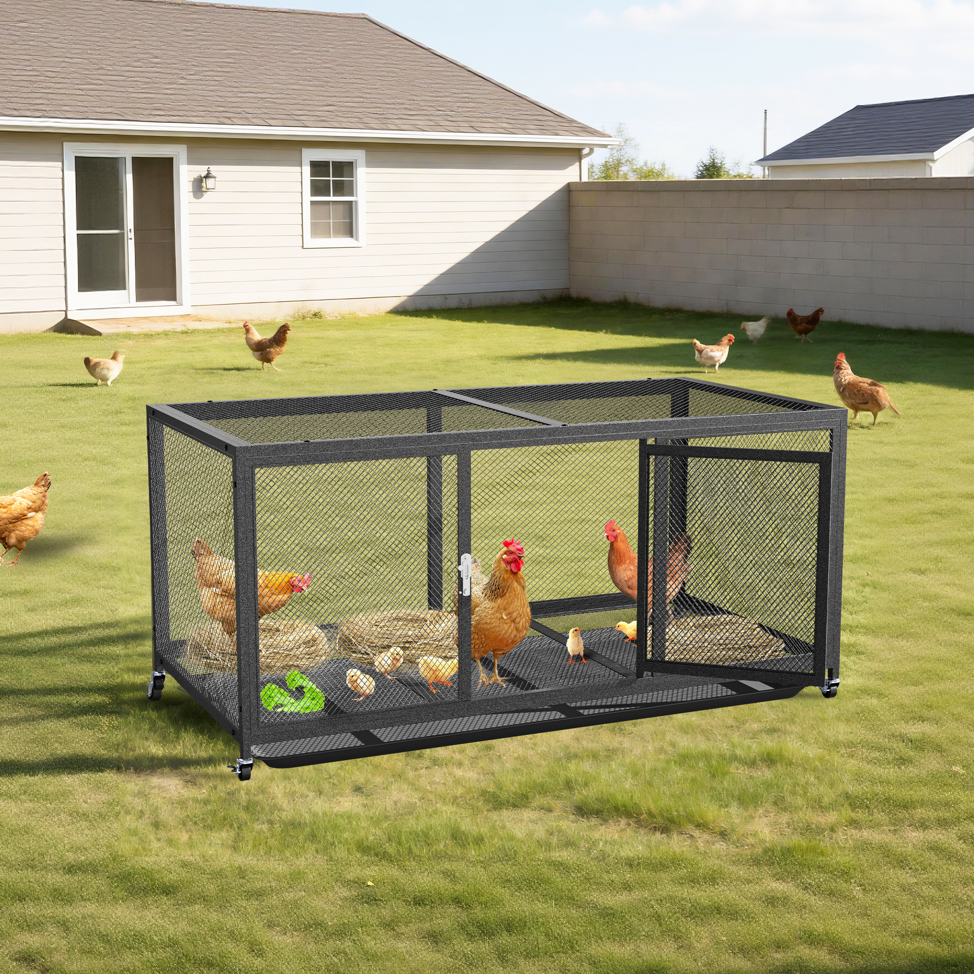 Image of Chicken Coop, Chicken House, Roof, Poultry House - 117x56x60cm, Metal Chicken Coop With Wheels With Anti-ultraviolet, Pull Out Tray, Mobile Poultry Cage For Outdoor Farm Backyard