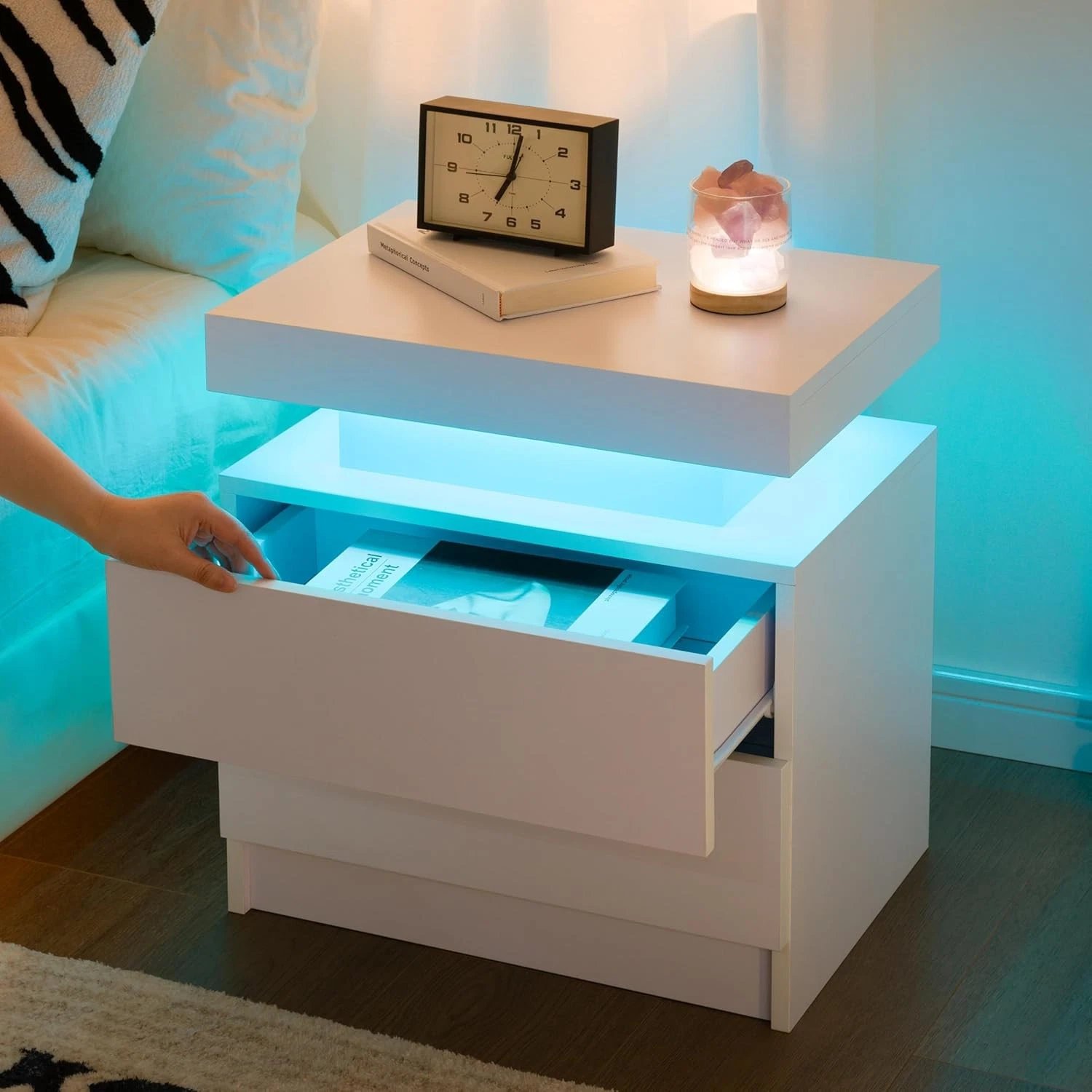 Nightstand High-gloss With 2/3 Drawers, Led Nightstand And Modern Dresser Night Table, Side Table With 16 Colors Led Lighting For Living Room, 45x35x55cm / 45x35x67cm, White/black