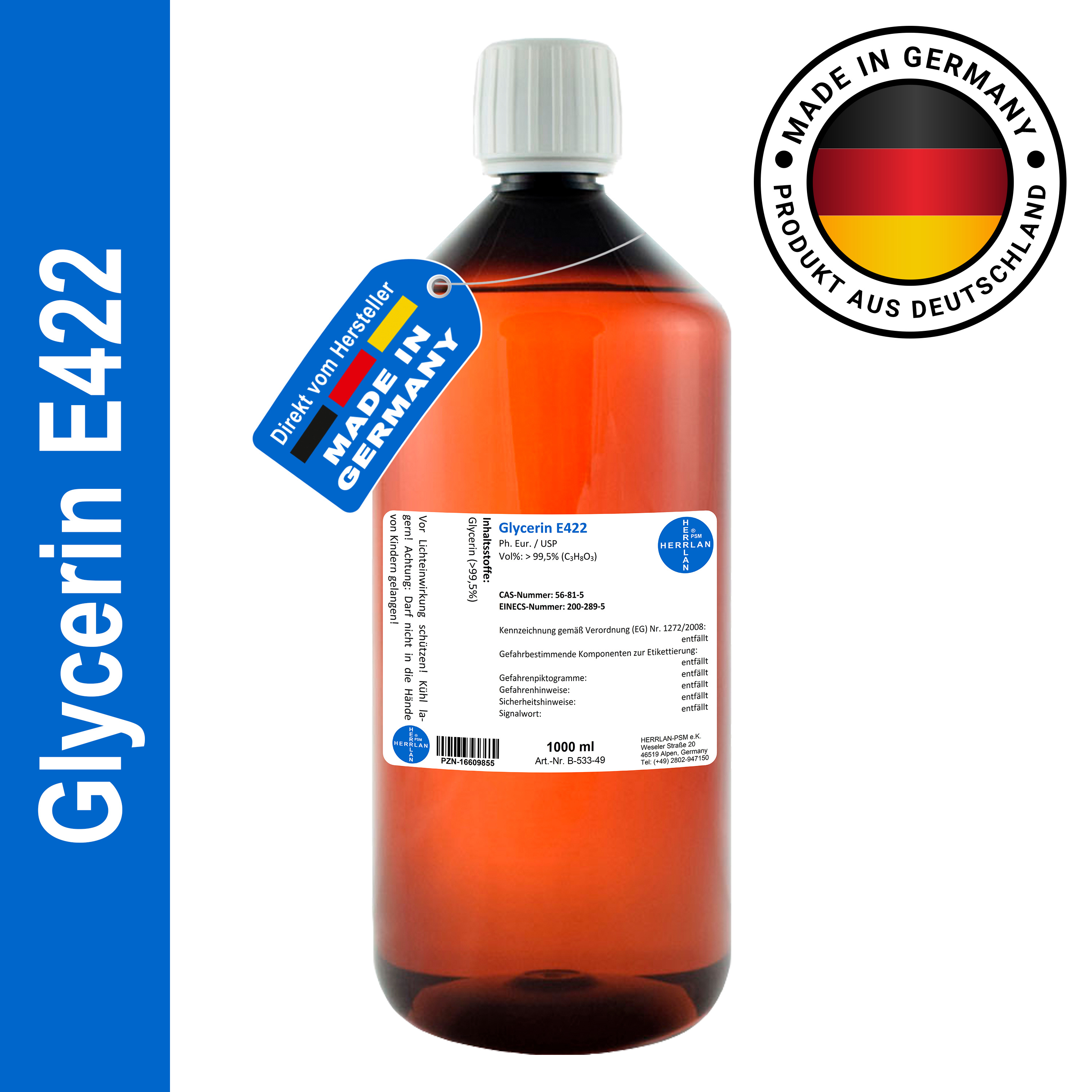 E-shop 99,5% Glycerin 1000 ml I Zur Herstellung von Cremes, Lotionen, Gels, Balsam I HERRLAN-Qualität I Made in Germany
