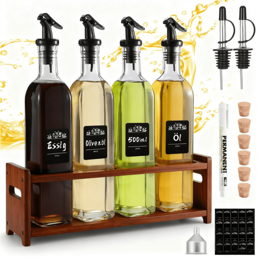 Olive Oil Bottle With Wooden Stand, 500 Ml, Set Of 4 Glass Bottles, Olive Oil Dispenser With Funnel, Vinegar And Oil Bottle Set With Labels, Cork Stoppers For Oil And Vinegar, Kitchen Accessory Set