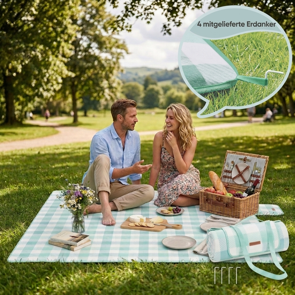 Image of Large Picnic Blanket With 4 Earth Anchors, Camping Mat, Foldable, Wind-resistant, Suitable For Parks, Gardens And , With 4 Fastenings, Outdoor Equipment.