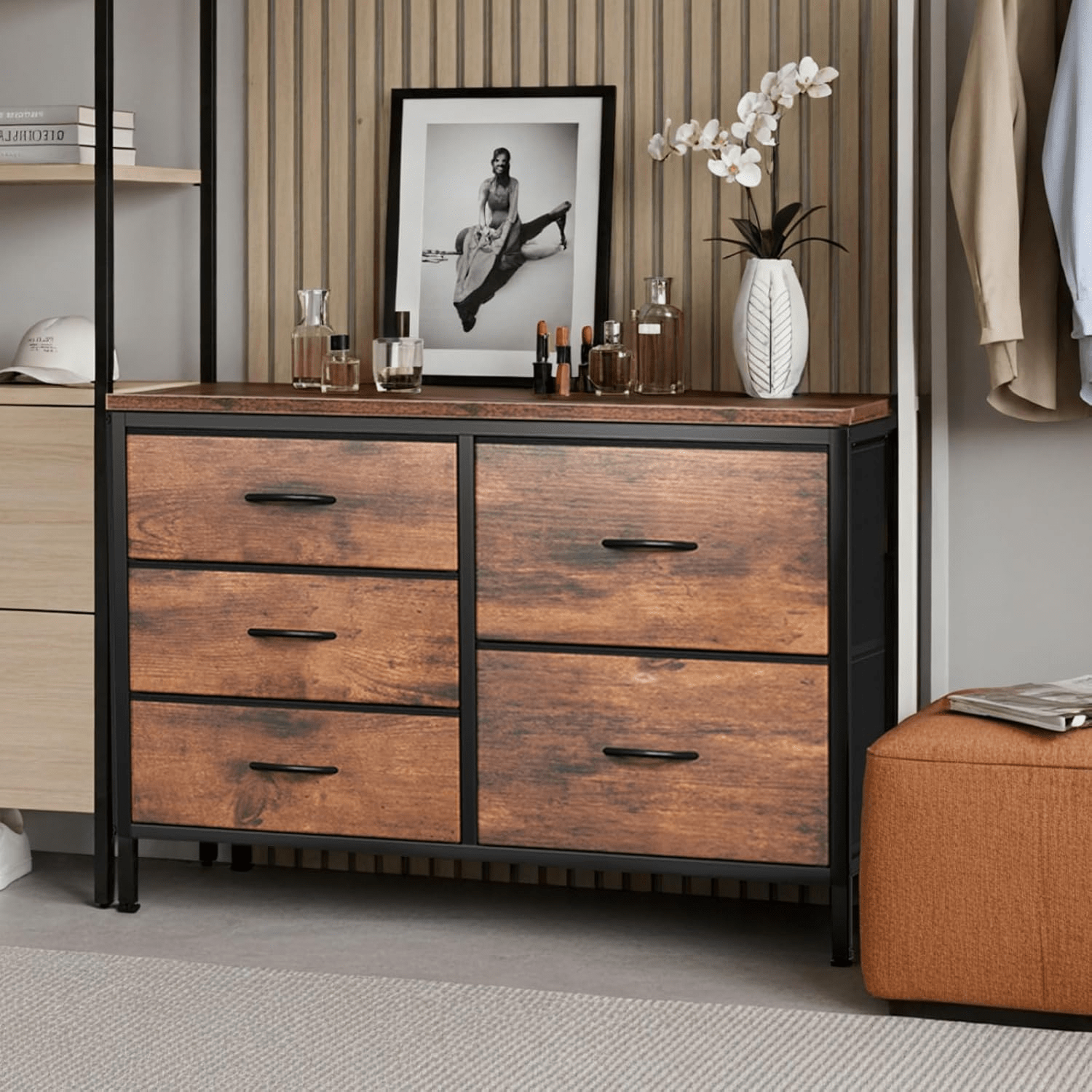 TEMU Chest Of Drawers Bedroom With 5 Fabric Drawers, With 2 Large And 3 Small Drawers, Wooden Top, Sturdy , Suitable For Bedroom And Living Room