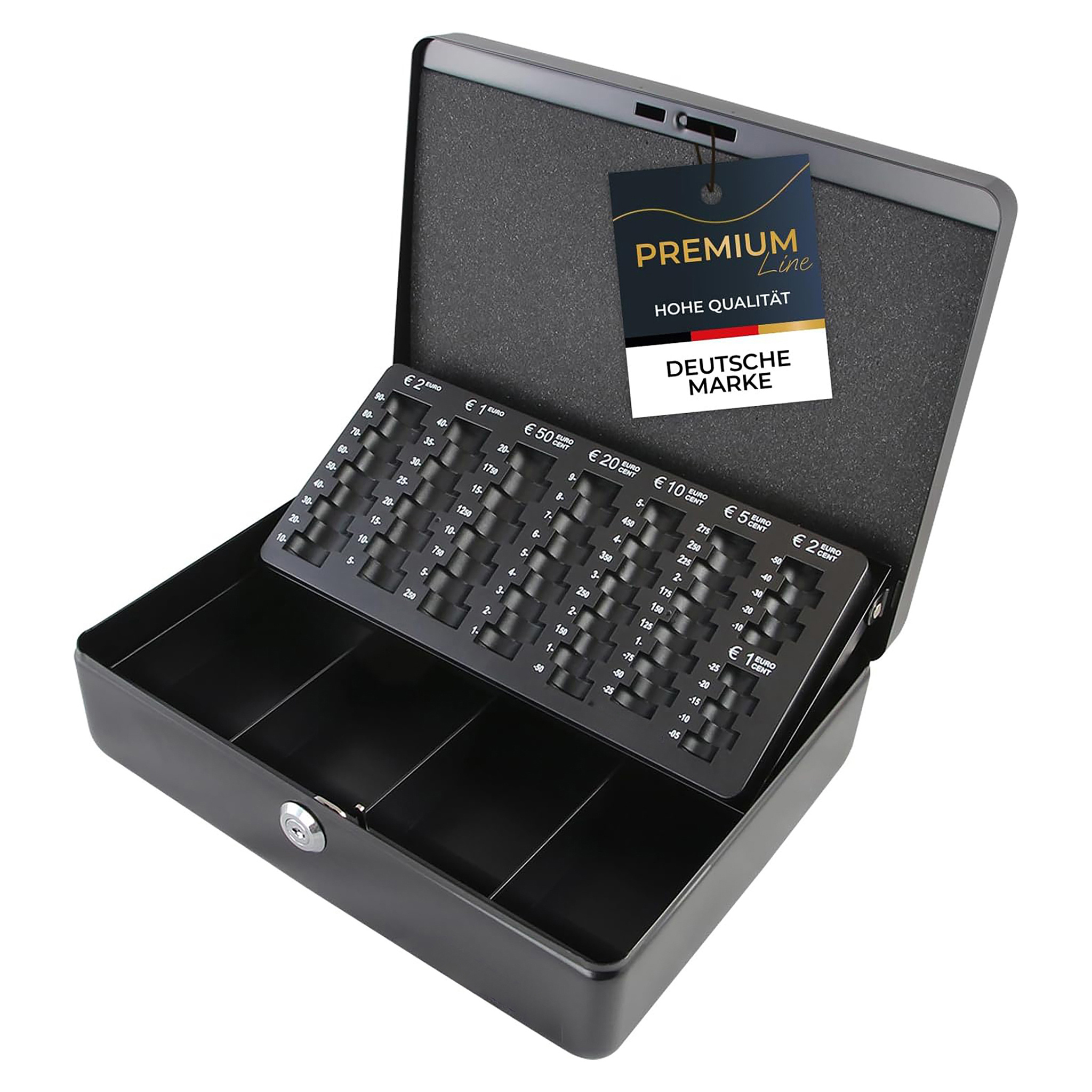 E-shop Abschließbare Kassengeldkassette mit Schlüssel und Münzschale, Blech, Geld HBT 9 X 30 X 24 cm