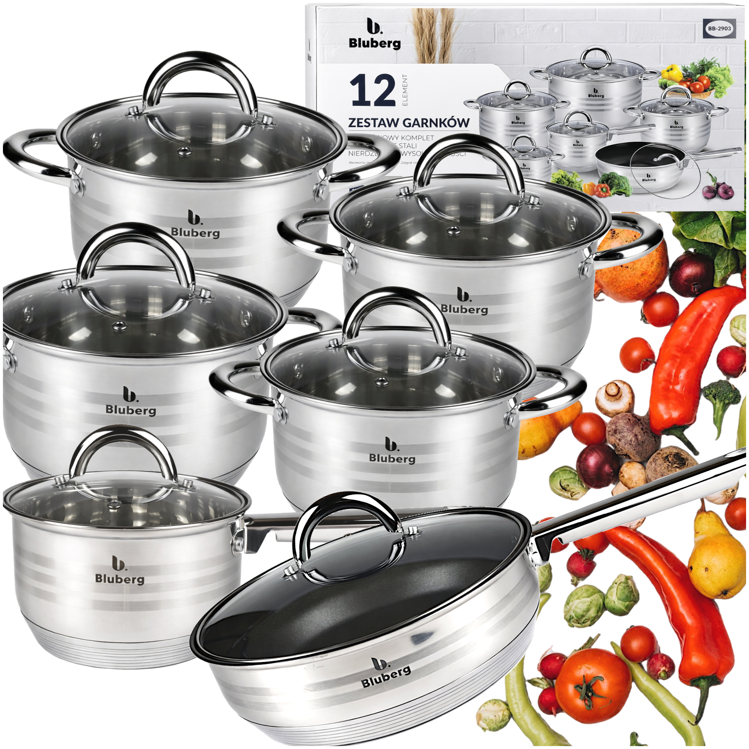Image of Set Of 12 Stainless Steel Kitchen Pots | Cooking Pot Set | Pots | Frying Pan | Saucepan | Induction Gas | Kitchen Pot | Stainless Steel | Lids In The Set | Bb-2903