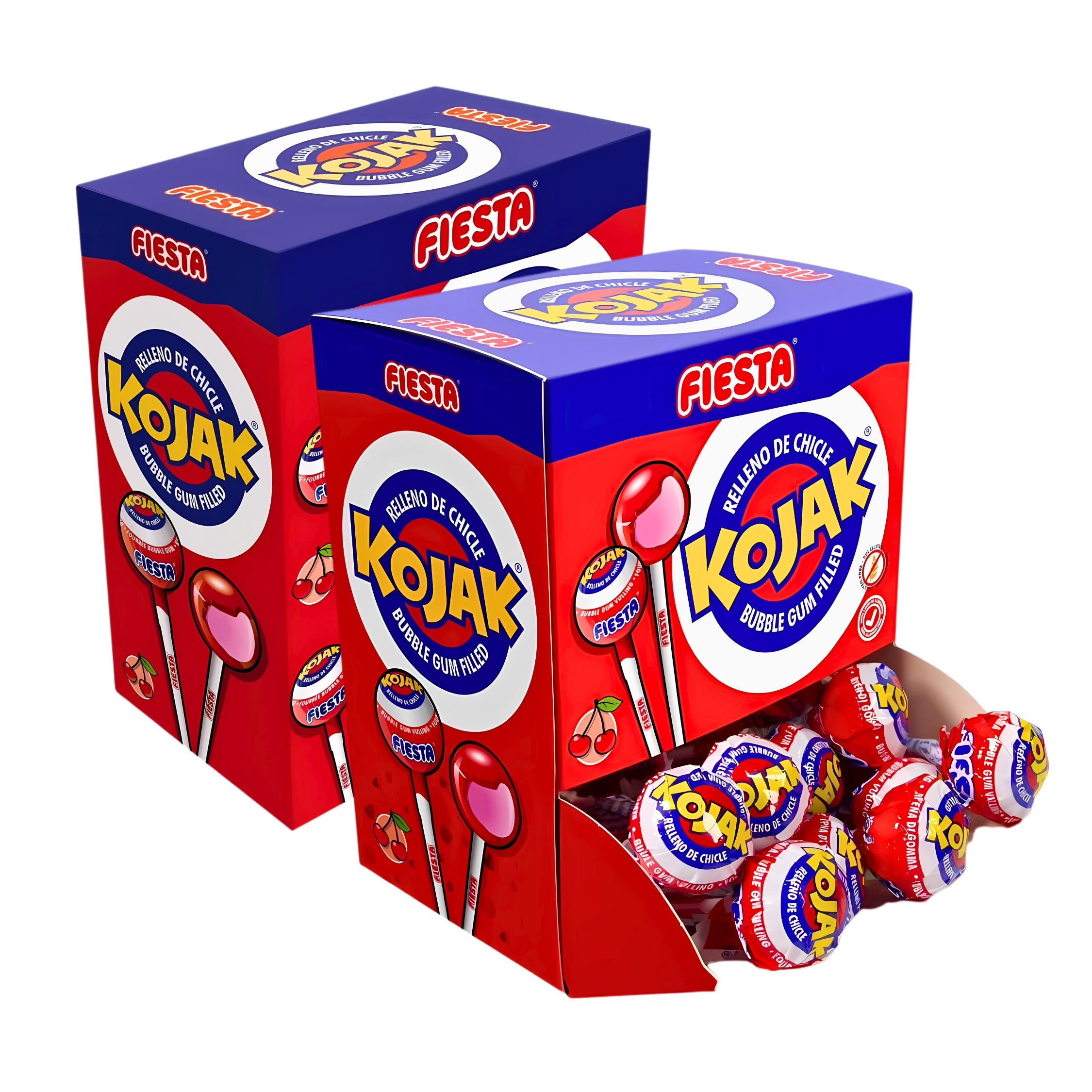 TEMU Fiesta Kojak Cereza Pack de 2 x 20 Unidades (40 Caramelos, 600 g Total) Caramelos con Palo Rellenos de Chicle