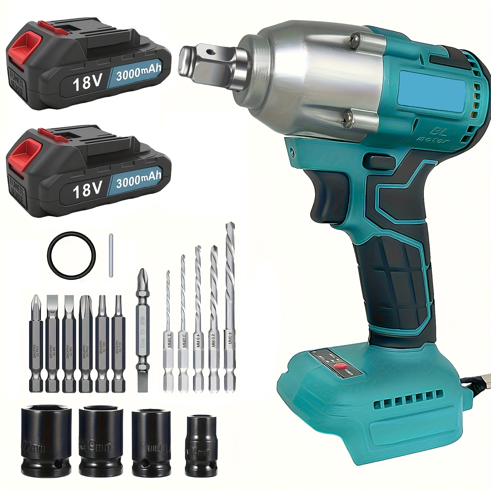 E-shop 18V Akku-Schlagschrauber-Set, bürstenloser elektrischer Schlagschrauber mit 2x 3000mAh-Akkus, Kraftschlüssel-Set mit Stecknüssen, Bohrern &