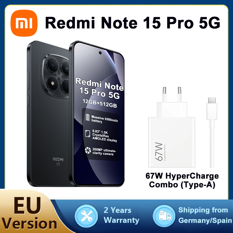 photo de l'article xiaomi redmi note 15 pro 5g - smartphone 12+512 go, noir, chargeur original de marque 67w  