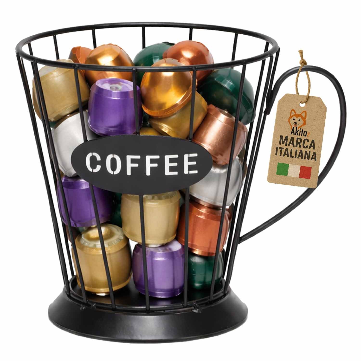 Akitaink Portacapsule Coffee In Metal - Capsule Organizer Design Mug With Handle, Bank Capsule Holder, Ø12×14.5 Cm, Black