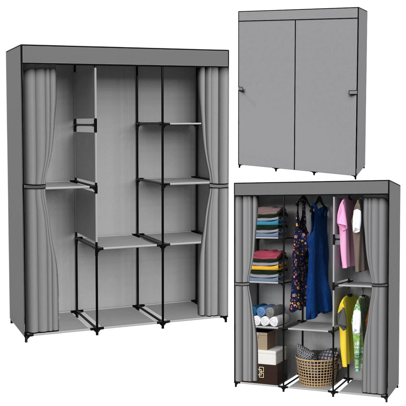 Image of Textile Wardrobe For Clothes With Curtain Wardrobe Folding Portable Material 8 Laminated Shelves 3 Rods For Hangers Side Pockets Shelves Hangers Breathable Textile Material