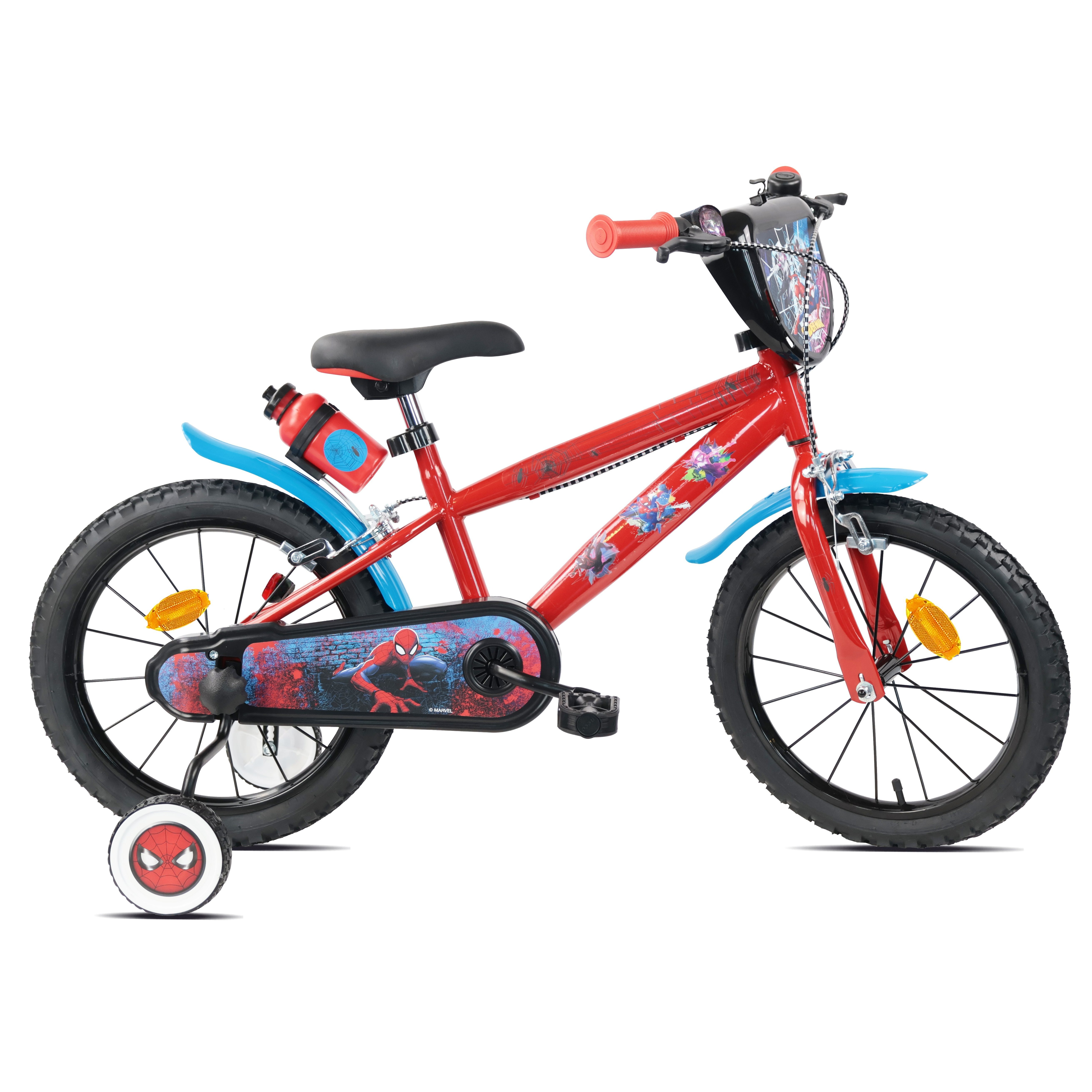Image of 16" Spiderman Kids' Bike (90 To 105cm) With 2 Brakes, Decorative Front Plate, Rear Water Bottle Holder, Training Wheels & Inflatable Tires