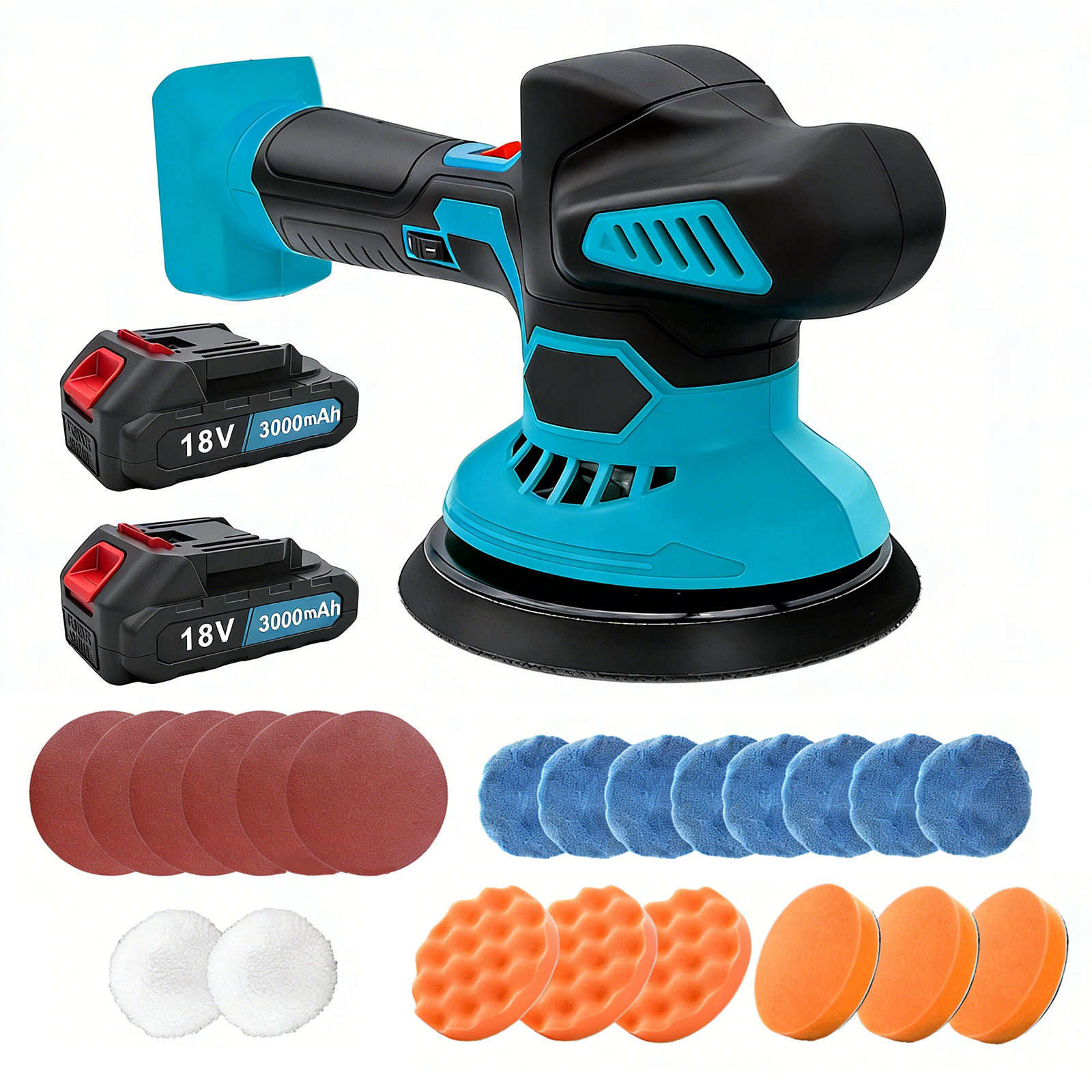 E-shop 18V Akku Auto Poliergerät, 2-in-1 Elektrischer Polierer & Schleifer mit 2x 3000mAh Akkus, Tragbare Rotationspoliermaschine mit Pads für