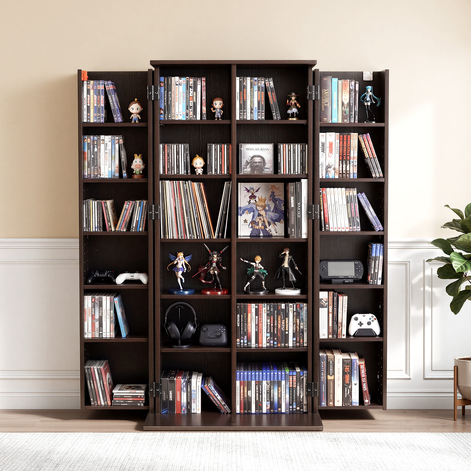 Image of Vevor Media Storage Cabinet, 6-tier Dvd Shelf Organizer, 610 X 368 X 1270 Storage Organizer For Cds, Dvds, Books, Games, Cd Shelf For Living Room, Home Office, Recording Room, Brown