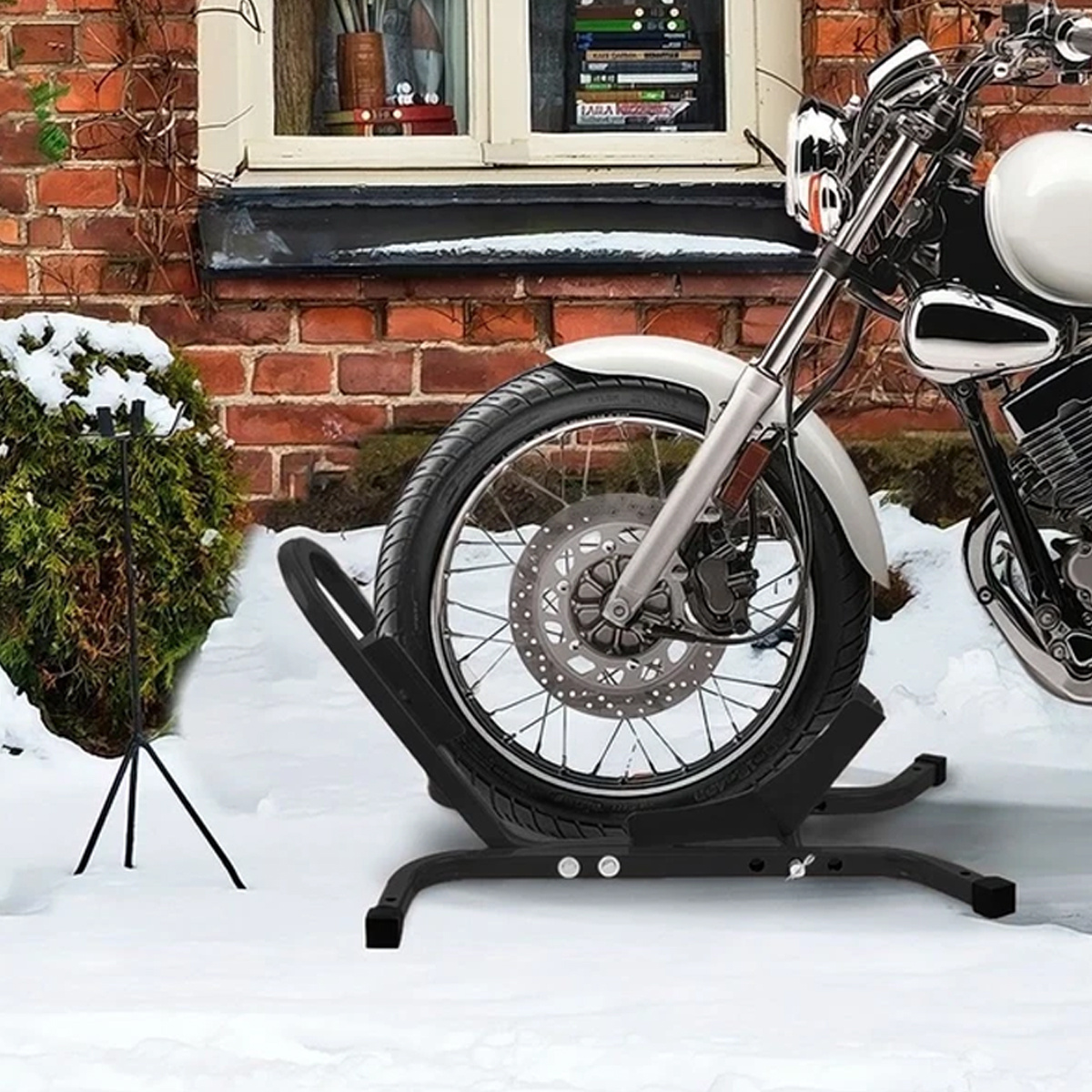 TEMU Heavy Duty Motorcycle Stand – Carbon Steel Powder Coated, Fits 17-21" Front Wheel, Pre-drilled For Ground Fixing, Quick Assembly For Storage &